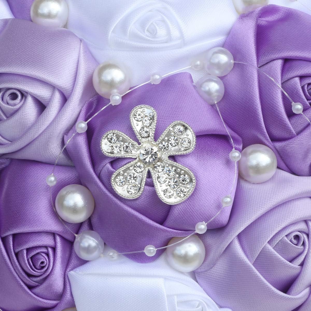 Yoanshop Handmade Wedding Bouquet Bridal Holding Bouquets Bride Bridesmaid Bouquet Wedding Decoration Silk Flowers with Rhinestone Decor (Light Purple White)
