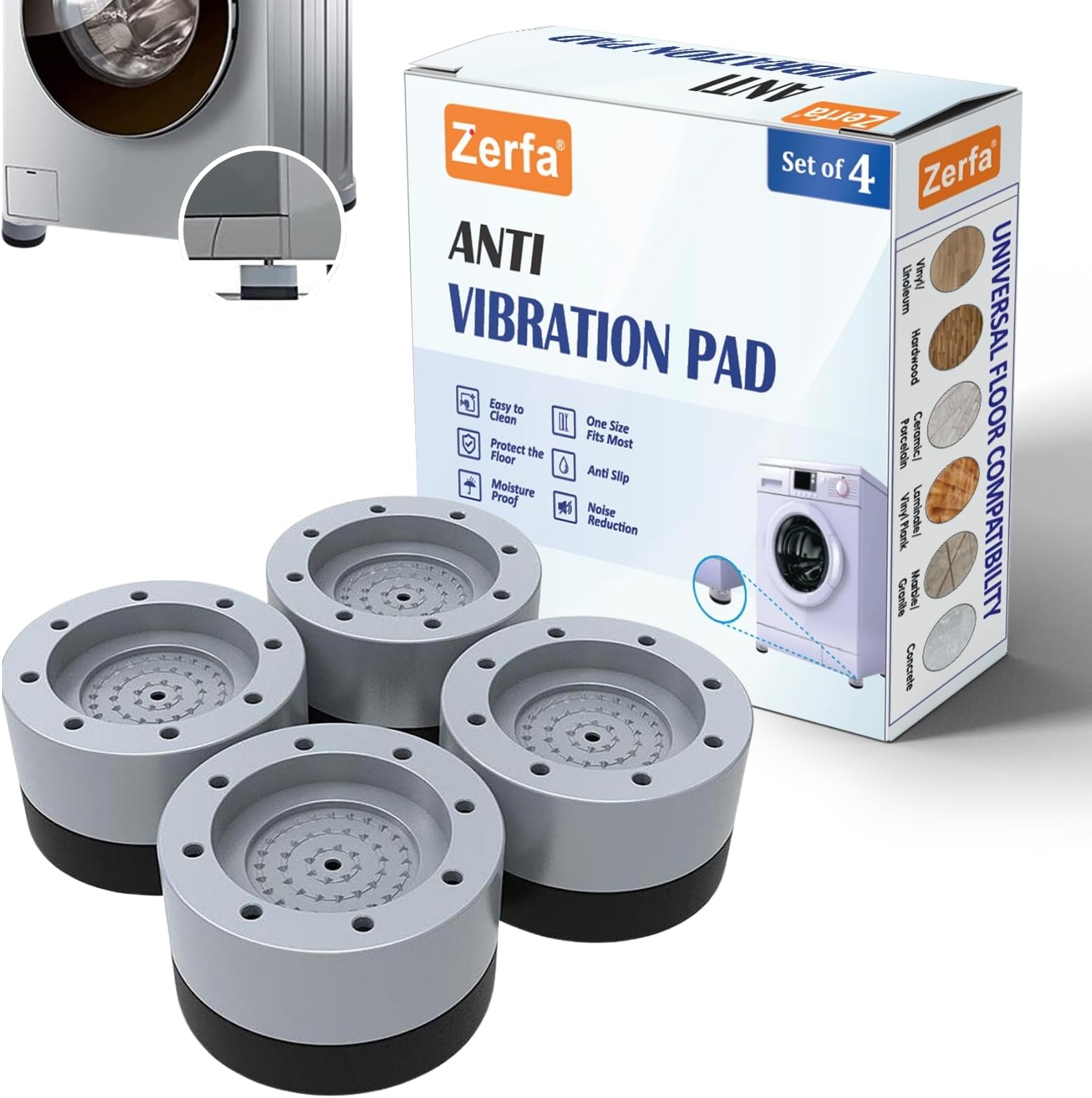 Zerfa® 4 Pieces Multi-Purpose Anti Vibration Pads for Washing Machine Pan, Noise Dampening Washing Machine Feet with Tank Tread Grip for Washer & Dryer Protects Laundry Room Floor for Home Appliances