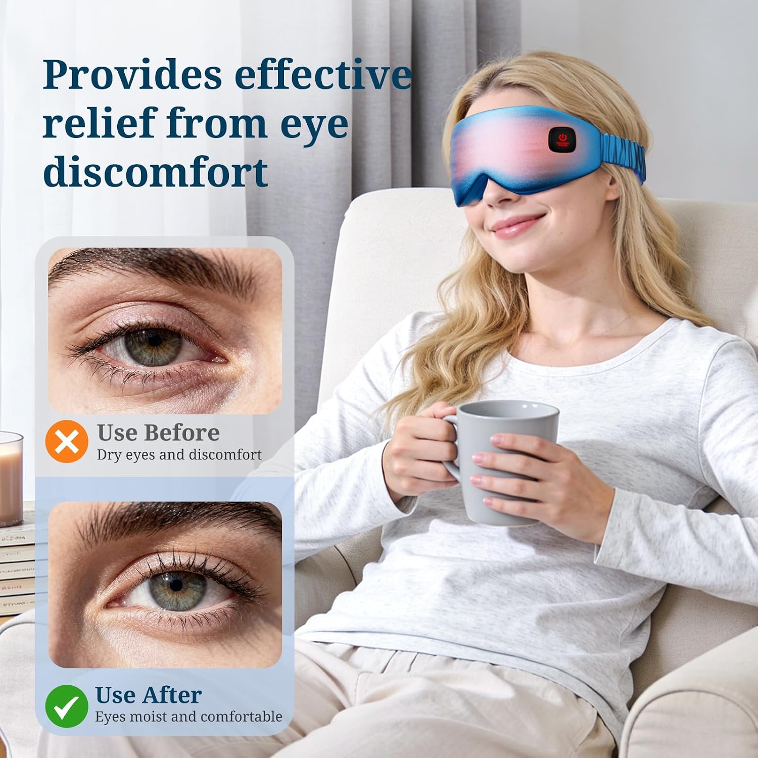 100% Silk Wireless Heated Eye Mask with Cooling, Relieves Dry Eye Syndrome and Puffy, Reduces Dark Circles, Adjustable Velcro Design and Washable Cover, Suitable for Travel & Gifts-Blue