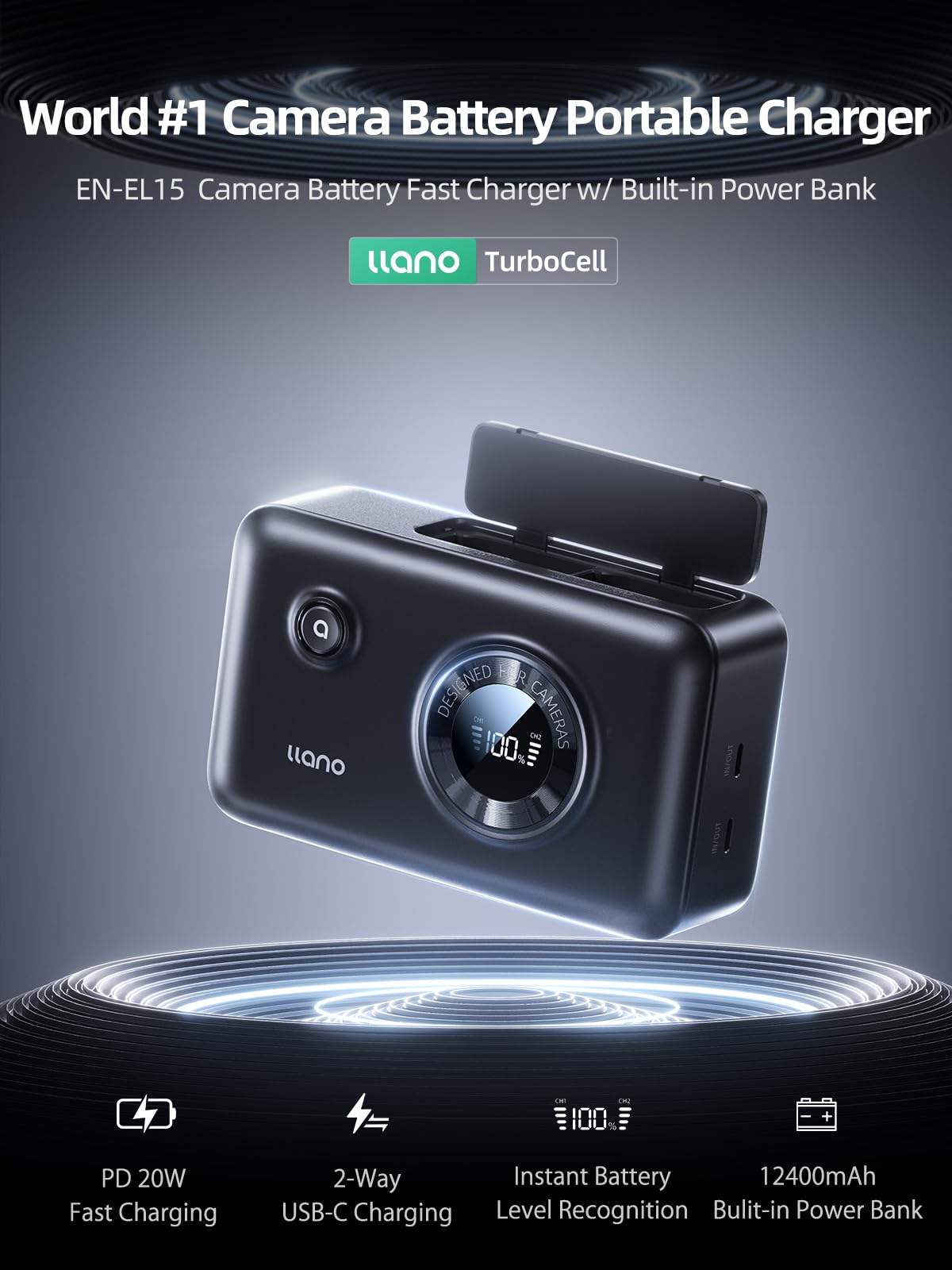 llano EN-EL15 EN-EL15A EN-EL15B EN-EL15C podwójna bateria szybka ładowarka ze zintegrowanym powerbankiem 12400 mAh do Nikon Z8 D7500 Z6II D850 D750 Z6 ZF D7200 D7100 D7000 D500 Z7II 7 Z5 D610 D600