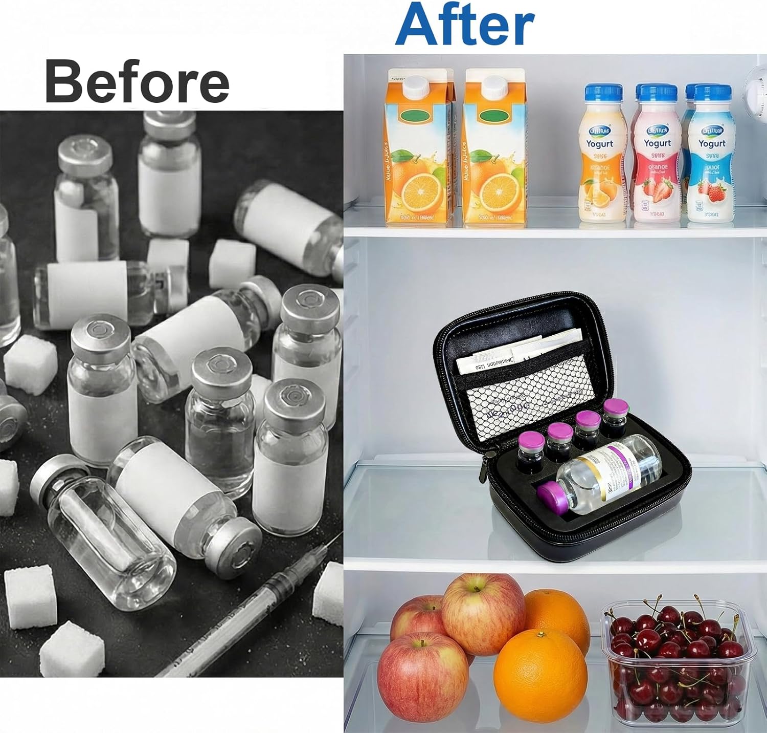 Peptide Case for Fridge & Travel, Dual-Size 3ml/30ml Vial Storage Organizer, Shockproof Water-Resistant 5-Slot Case with Mesh Pocket, Fits Insulin Vials & Lab Essentials (EVA Interior, Black)