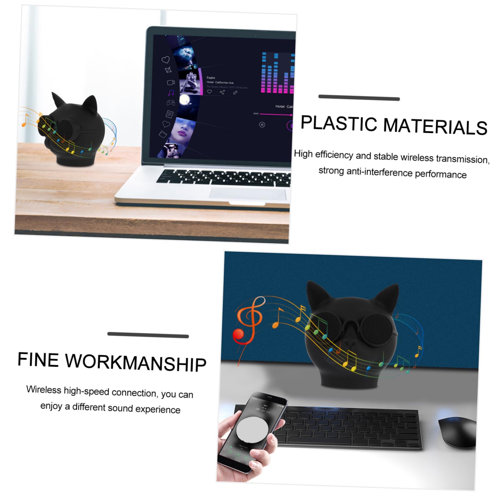 Uonlytech Mini-Enceinte sans Fil de Tête de Chat, Enceinte en Plastique Noir Batterie 1500mah, Transmission Stable et Performance Puissante pour Usage Portable