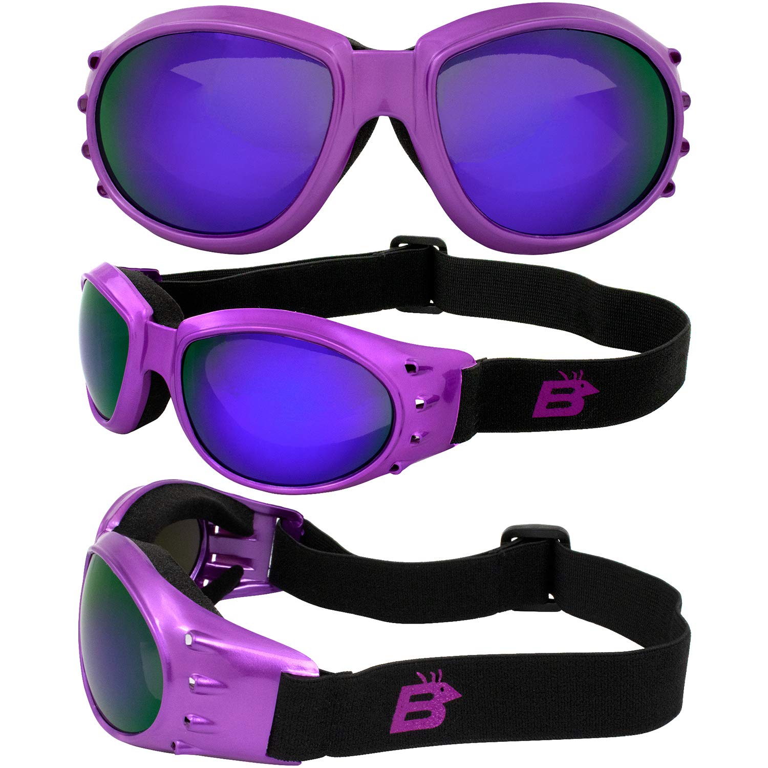 Birdz Eyewear Eagle Lot de 3 paires de lunettes de moto rembourrées en mousse Violet fumé transparent et violet ReflecTech