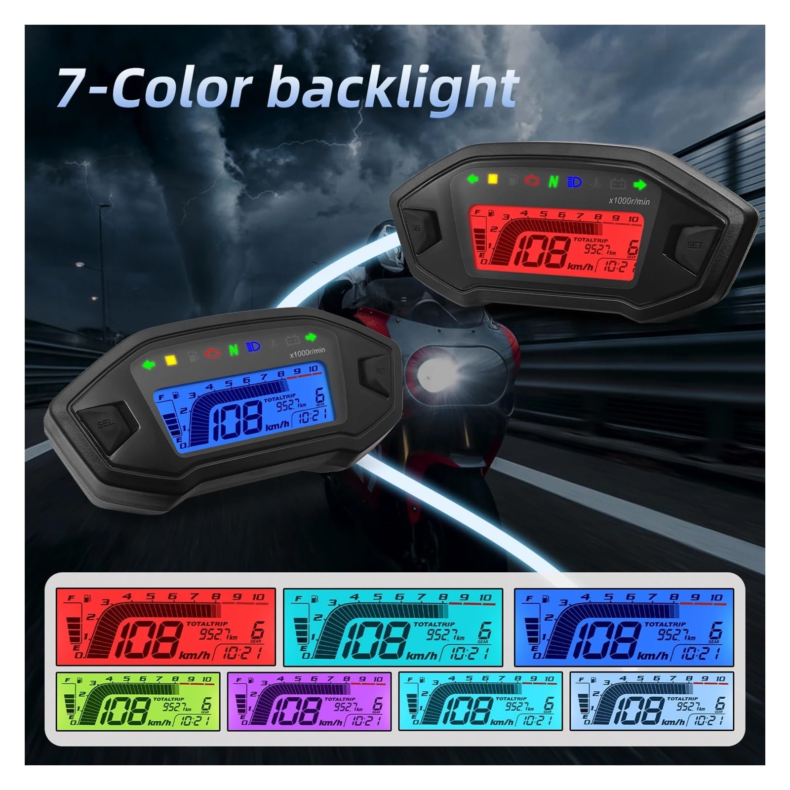 Moto Odómetro Tacómetro Velocímetro Digital Universal para Motocicleta, Medidor De Panel, Tacómetro, Odómetro, Nivel Combustible, Temperatura del Agua para 2,4 Cilindros