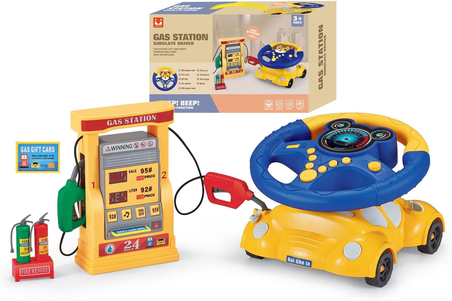 Kids Eletric Simulation Steering Wheel Toy Multifunctional High Simulation Car Driving Toy with Music and Gas Station Pretend Driving Toy for 1-3 3-6 Boys and Girls (Yellow-Blue)