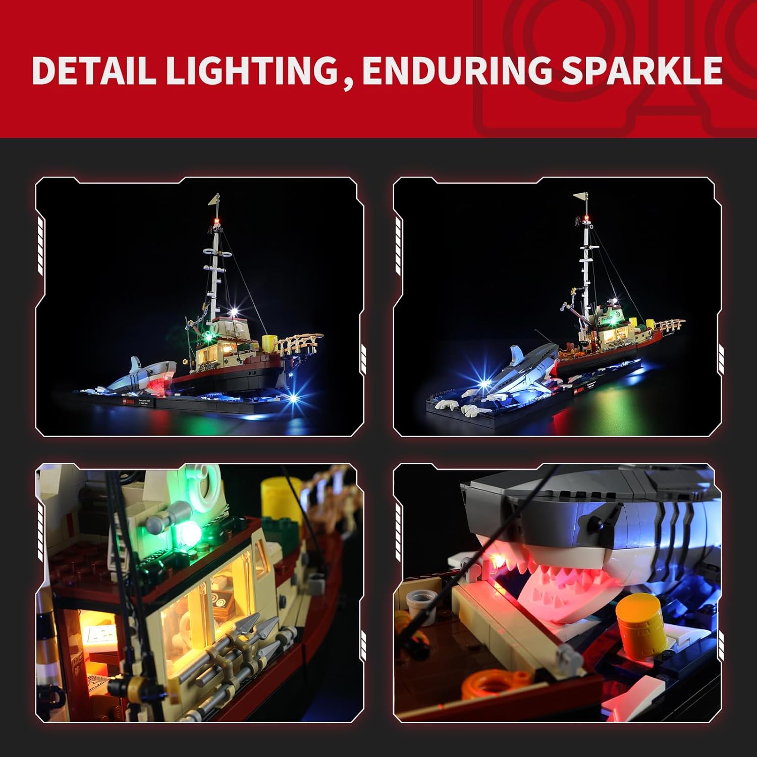 Four close-up images showing different illuminated details of the LEGO Jaws set, including interior cabin lights, shark's mouth, and underwater effects.