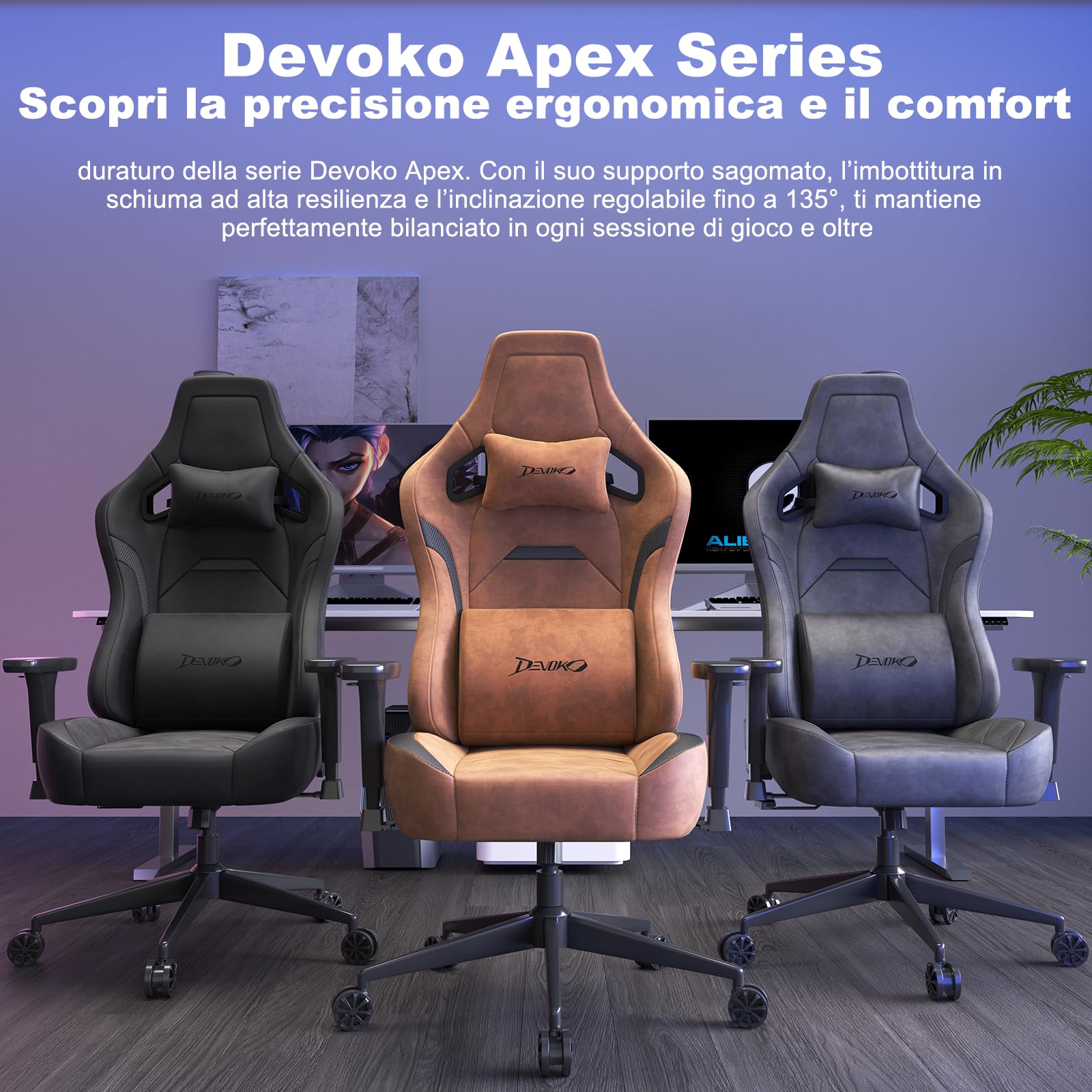 Devoko Sedia da Gaming Ergonomica in Pelle Scamosciata, Poltrona da Ufficio Gamer Reclinabile 90°-135°, Braccioli 3D Regolabili, Base in Metallo, Ruote Silenziose, Portata 180kg, Marrone Chiaro