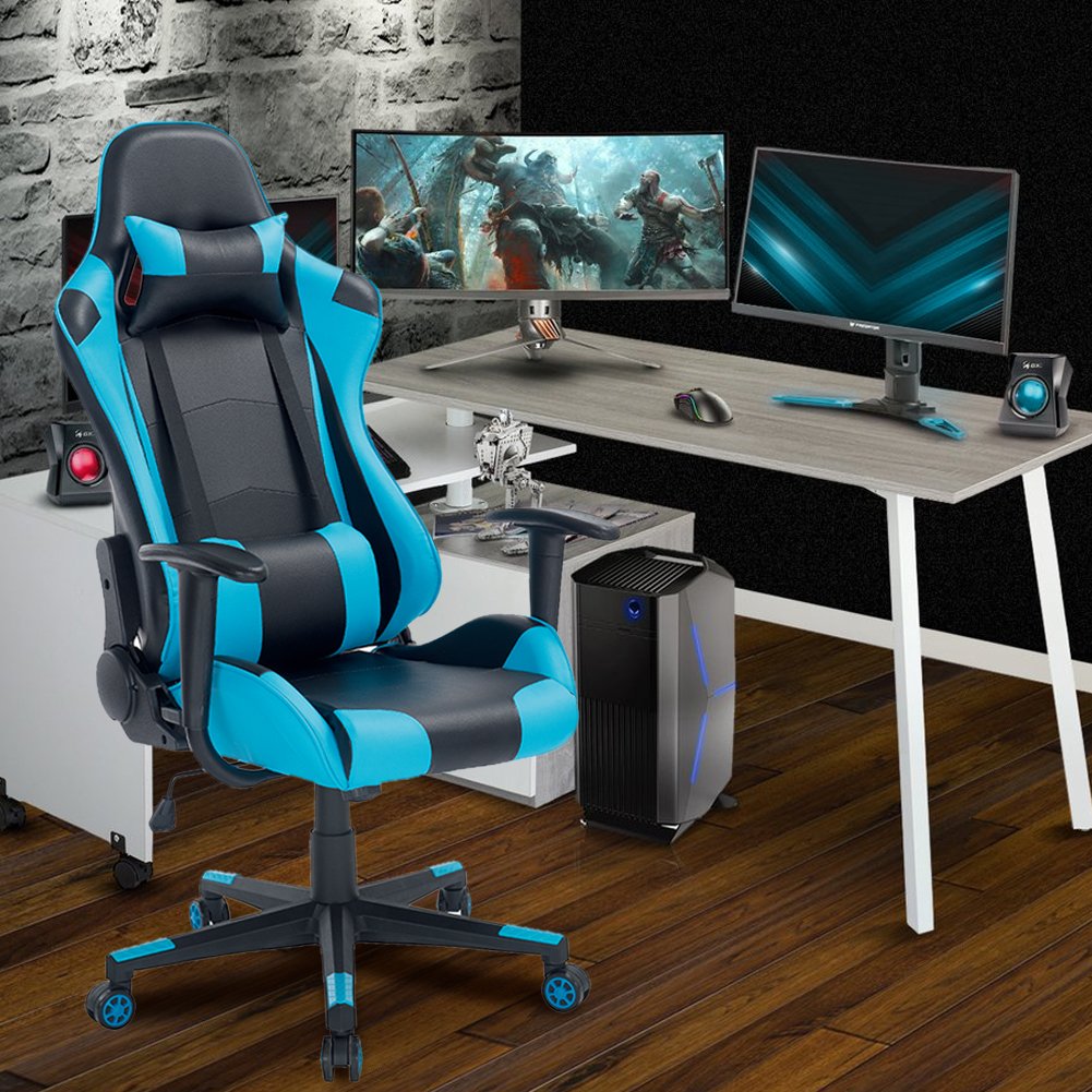 BAKAJI Sedia Poltrona Gaming Scrivana Ufficio Casa in Ecopelle Schienale Reclinabile Cuscino Lombare Poggiatesta Rotazione 360 gradi Direzionale Altezza Regolabile 5 Ruote (Blue)