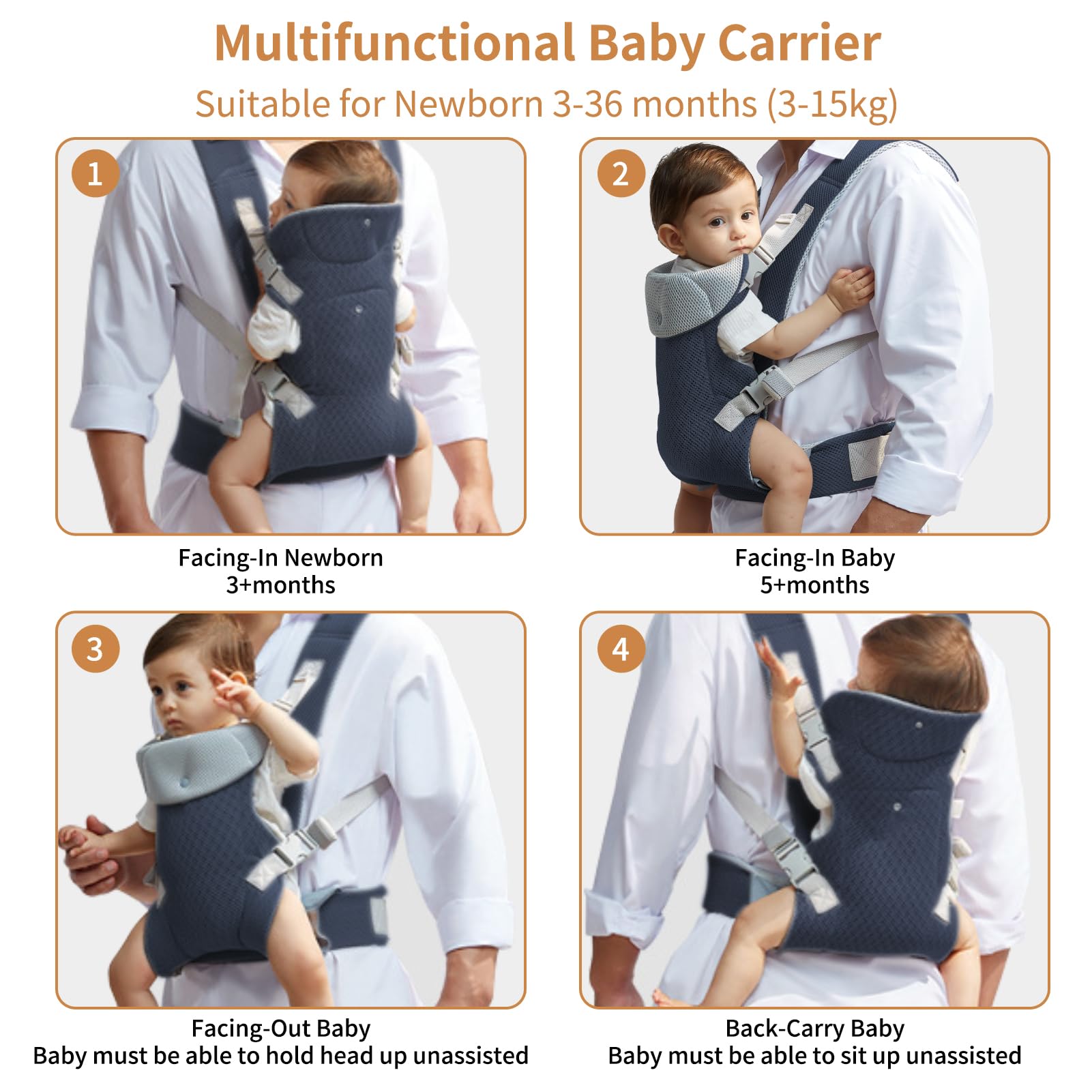 IULONEE Mochila Portabebes para Niños Multifunción Porteo para Bebés Delantera y Trasera Baby Carrier Wrap Ergonómicas Portabebés Recien Nacido Ajustable Porteo Bebe Niños de 3-36 Meses (Azul Marino)