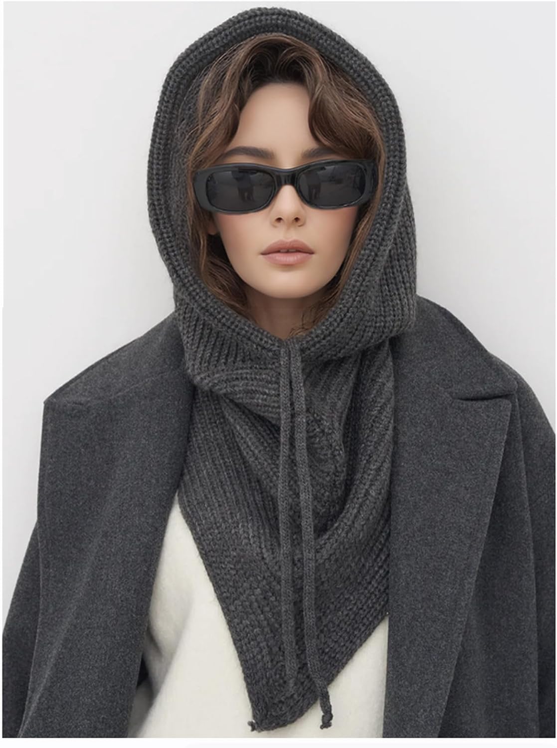 Knit Balaclava Winter Hats for Women Stylish Hooded Hat Scarf Drawstring Neck Warmer