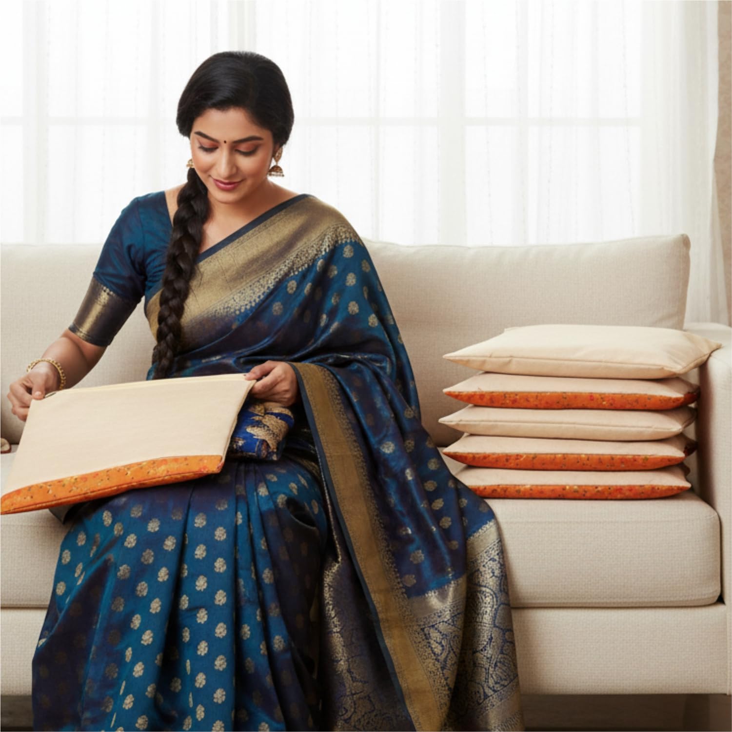 JD FRESH 12 Pieces Cotton Saree Covers for Storage/Saree Organiser for Wardrobe/Saree Bags with Zip Closure/Saree Bags with Net Window/Cloth Organizer for Storage Sarees/Lehngas/Dresses (Off White)