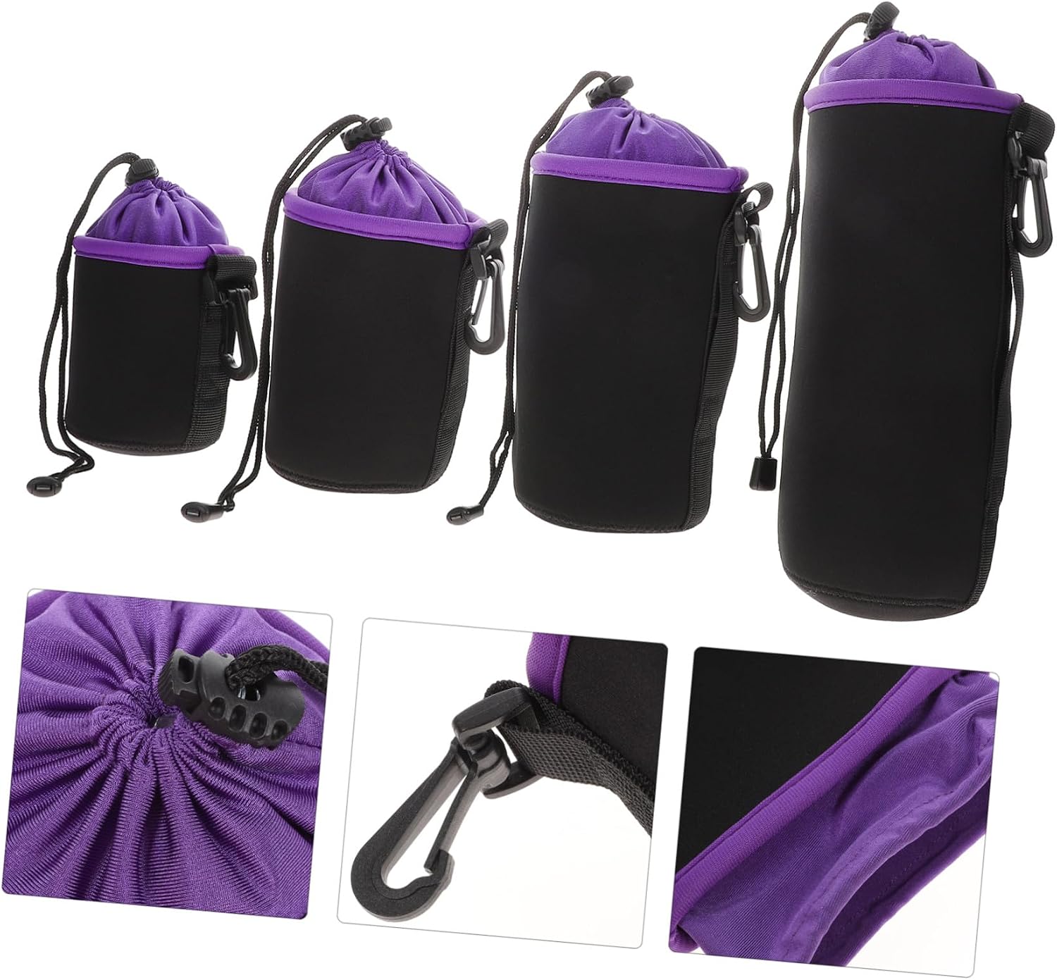 Waterproof Camera Lens Case Set with Drawstring Closure, Thickened Padded Lens Storage Bags for Travel and Outdoor Use, Purple, S/M/L/Xl Sizes