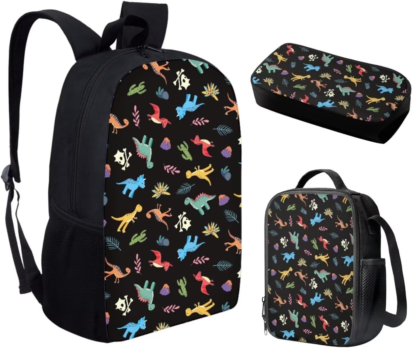 Belidome Cartoon Dinosaur Backpack for Kids Boys Girls with Lunch Box Pencil Case Teens 17 Inch Bookbag Shoulder Pouch