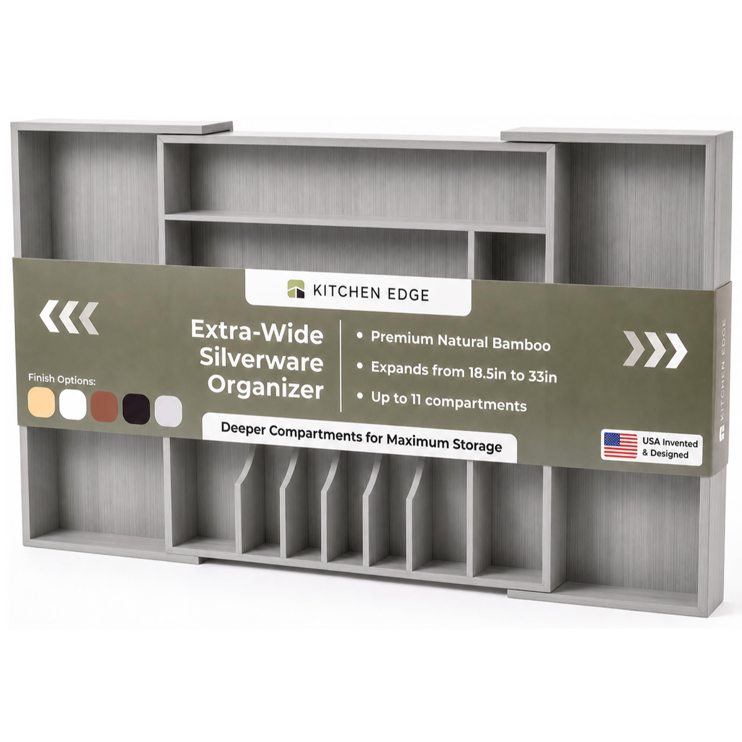 KitchenEdge Premium Organizer für Silberwaren, Besteck und Küchenutensilien in Küchenschubladen, lebensmittelecht und für den professionellen Einsatz, erweiterbar von 46 bis 84 cm, grauer Bambus