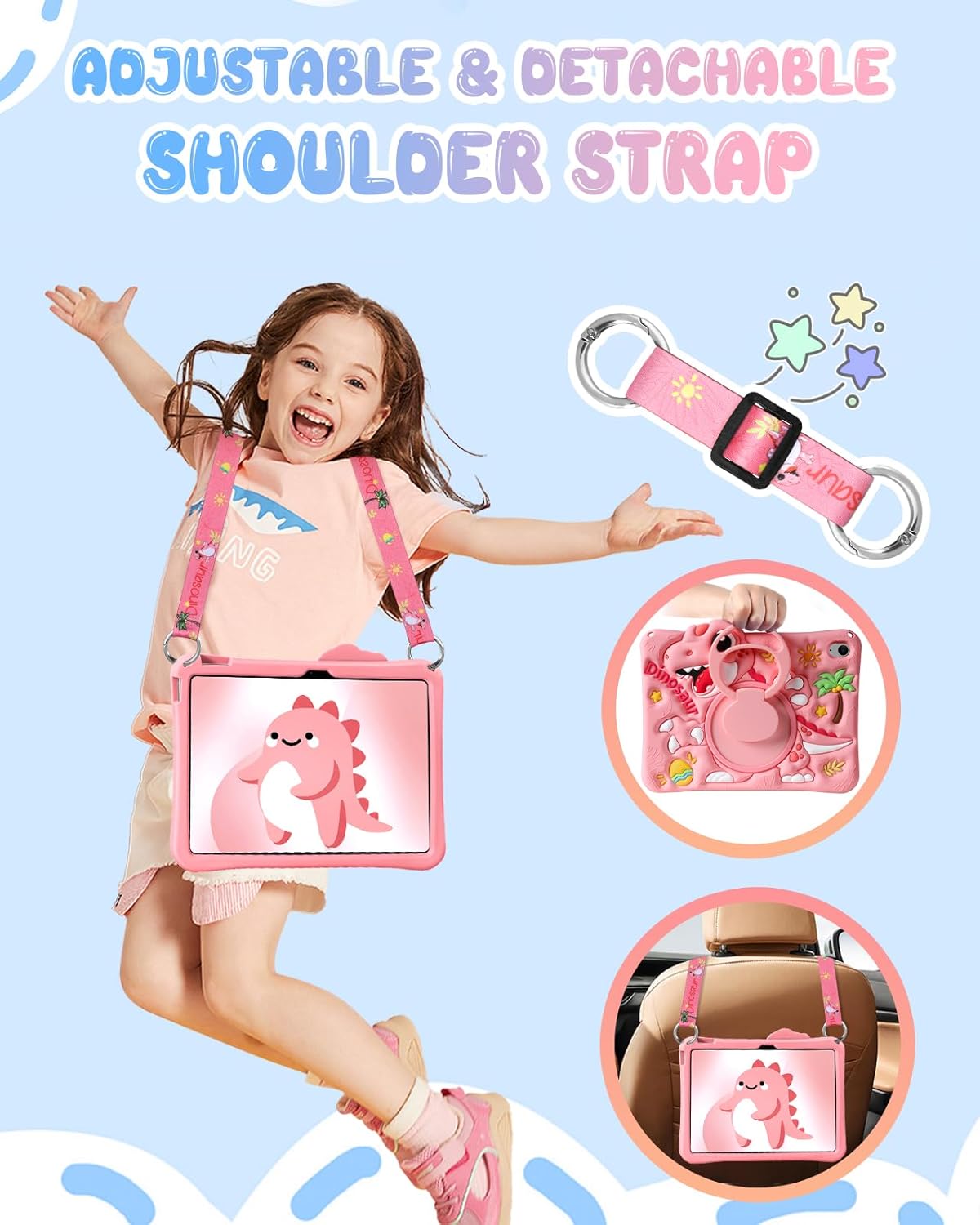 Boaretiu Tablet Case - Cute Cartoon Silicone Cover with Adjustable Shoulder Strap & Rotating Stand for Kids Boys Girls, for iPad 11th(A16) 2025 11 inch/10th Generation 10.9" 2022 Case, Pink Dinosaur