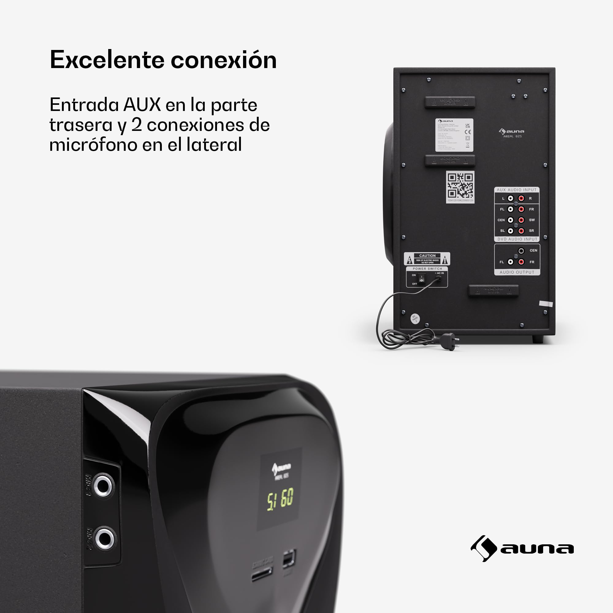 AUNA Areal 825 Sistema de Cine en Casa 5.1 Inalámbrico - Bluetooth, Subwoofer 100W, Iluminación RGB, Puertos USB/SD, Entrada AUX y Óptica, Altavoces con Mando a Distancia