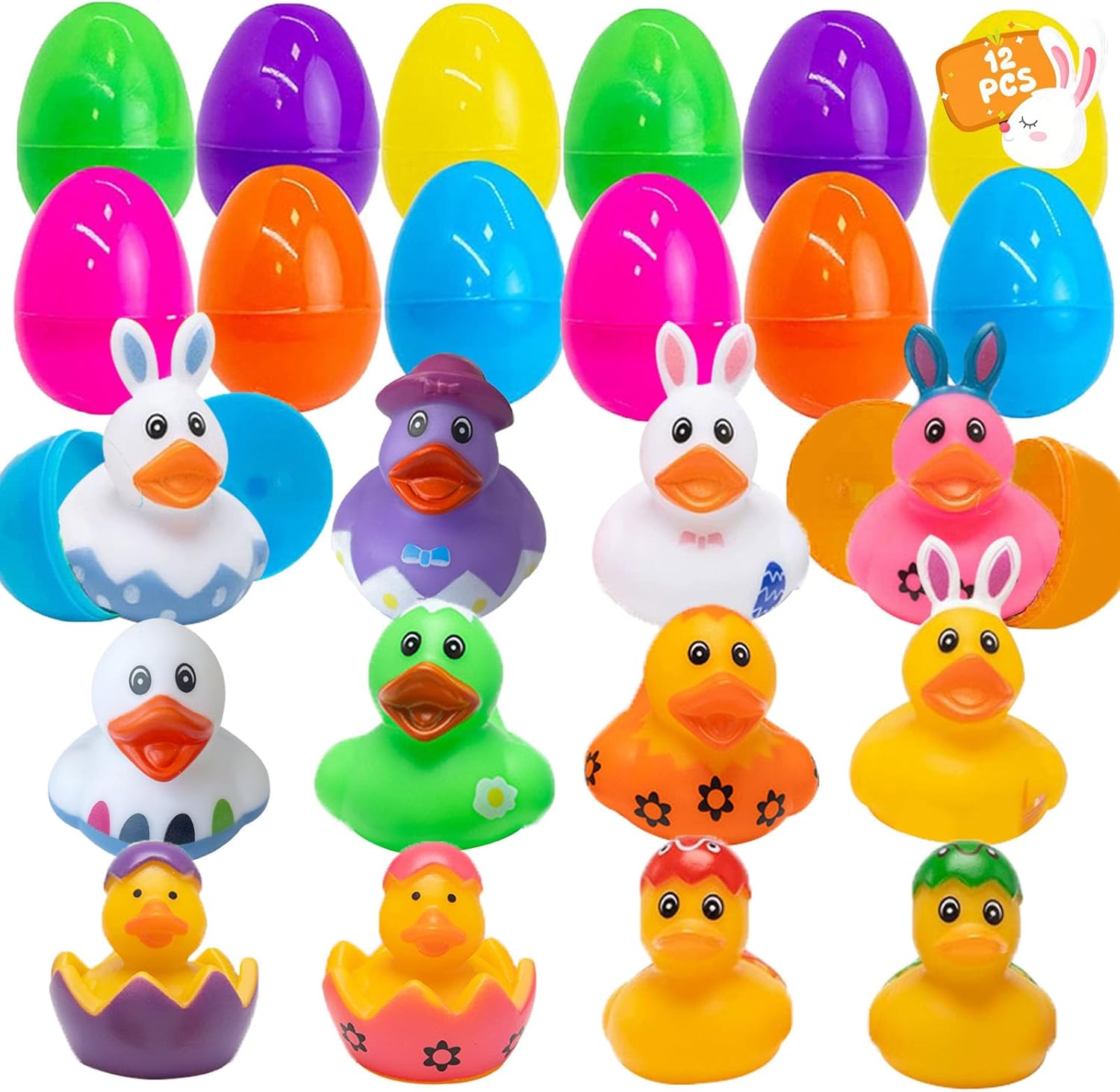 12 PCS Prefilled Easter Eggs Filled with Rubber Ducks, Variety Duckies for Easter Egg Hunt, Easter Basket Stuffer, Party Favor Decor Supply, Classroom Prize, Bath Toy