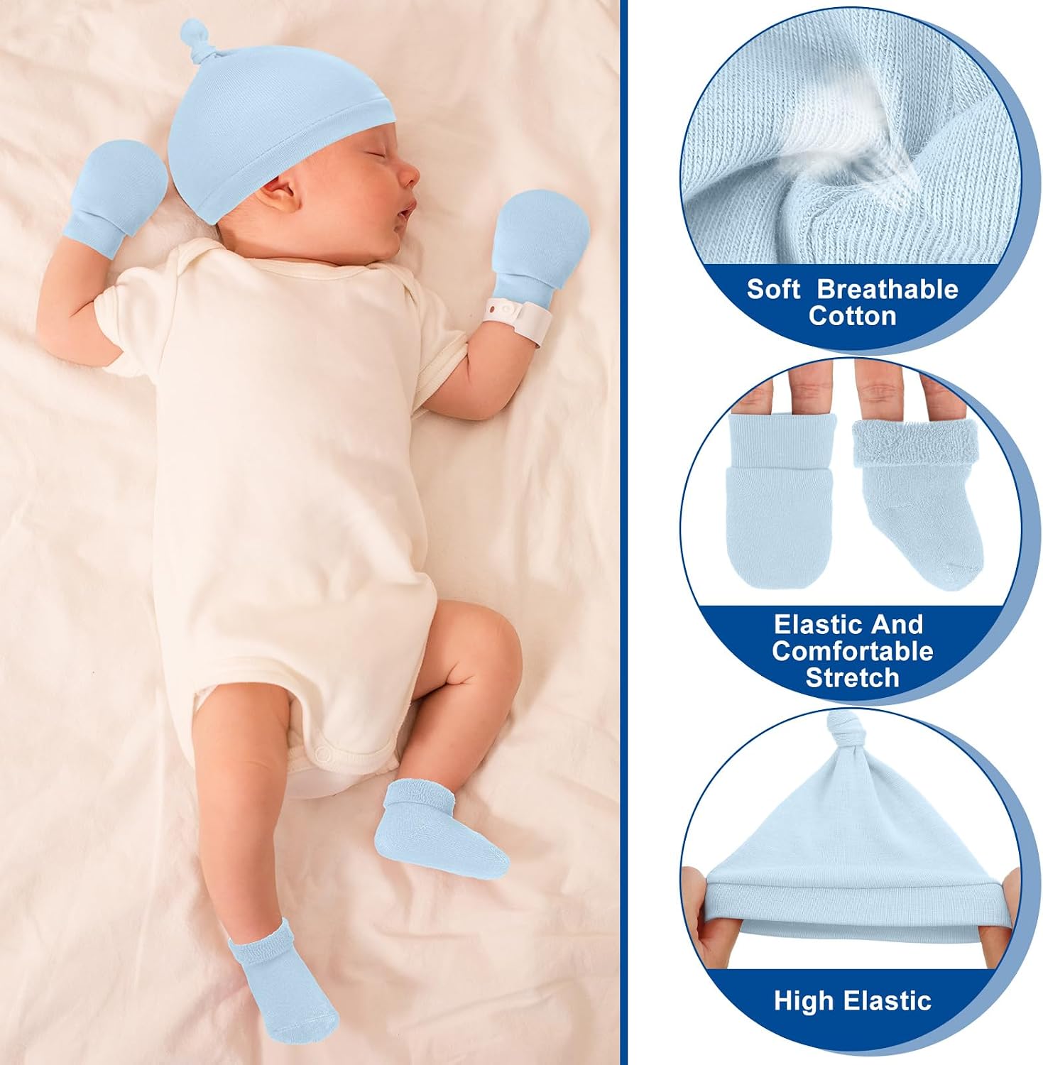 Cutecrop 6 Pcs Preemie Hats Mittens and Socks Set Cotton Preemie Cap Knotted Hat No Scratch Warm Terry Socks for Boys Girls