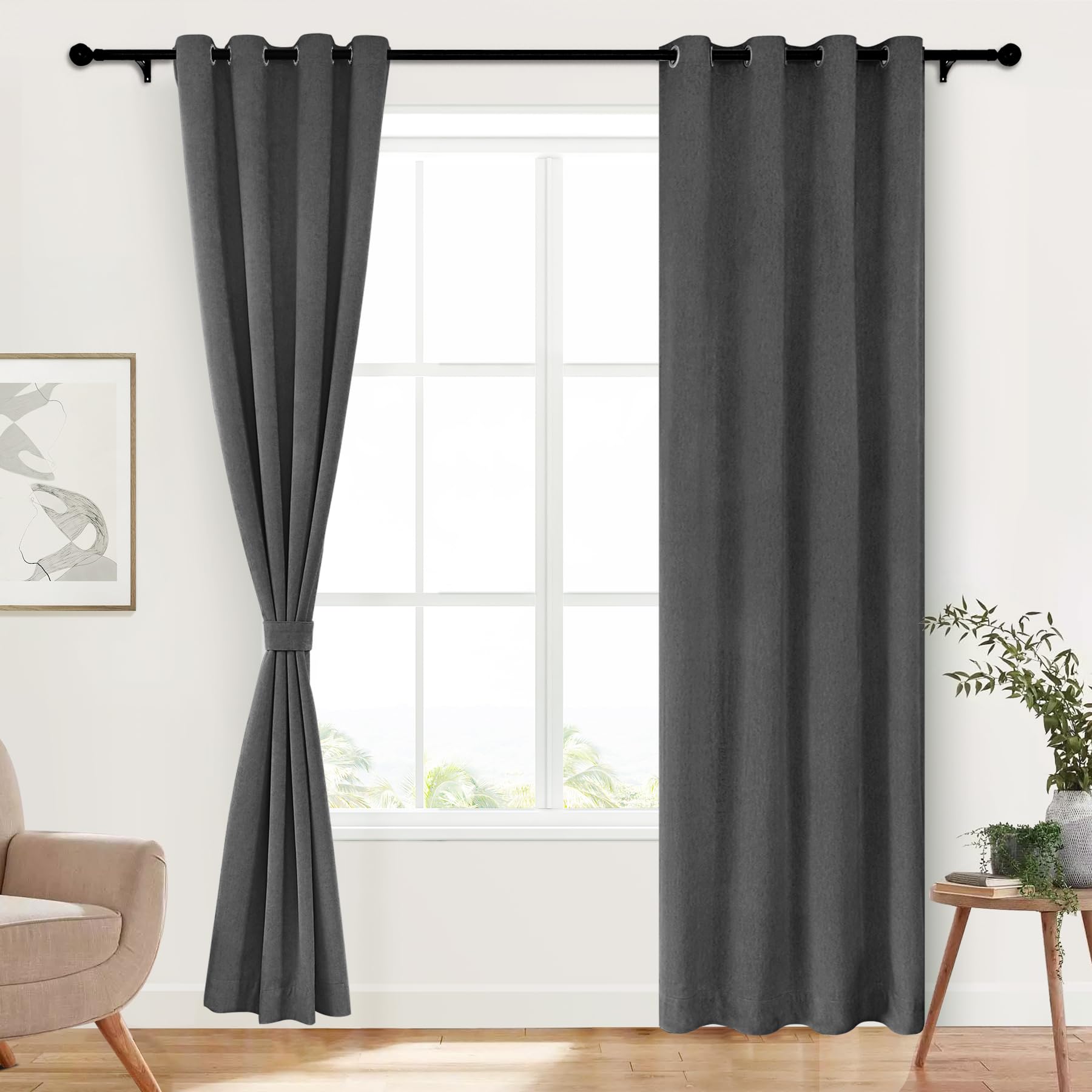 Frelement Full Blackout Chenille Curtains 84 inch Long Grommet Velvet Drapes Thermal Insulted Noise Reduction Window Curtain Panel for Living Room Bedroom, 1 Panel, 84" Wx84 L, Dark Grey