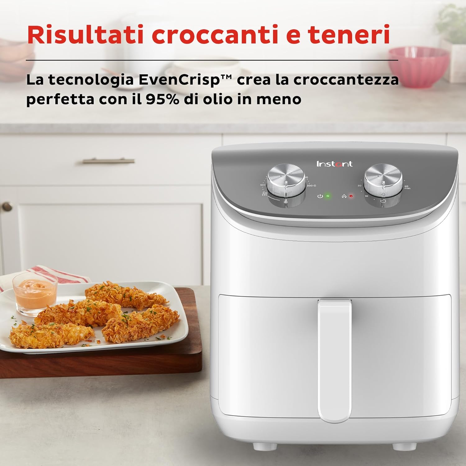 Instant Friggitrice Ad Aria Compatta 3.8L, Pasti Sani Senza Olio, Temperatura Regolabile, Timer, Bianco - 1500W
