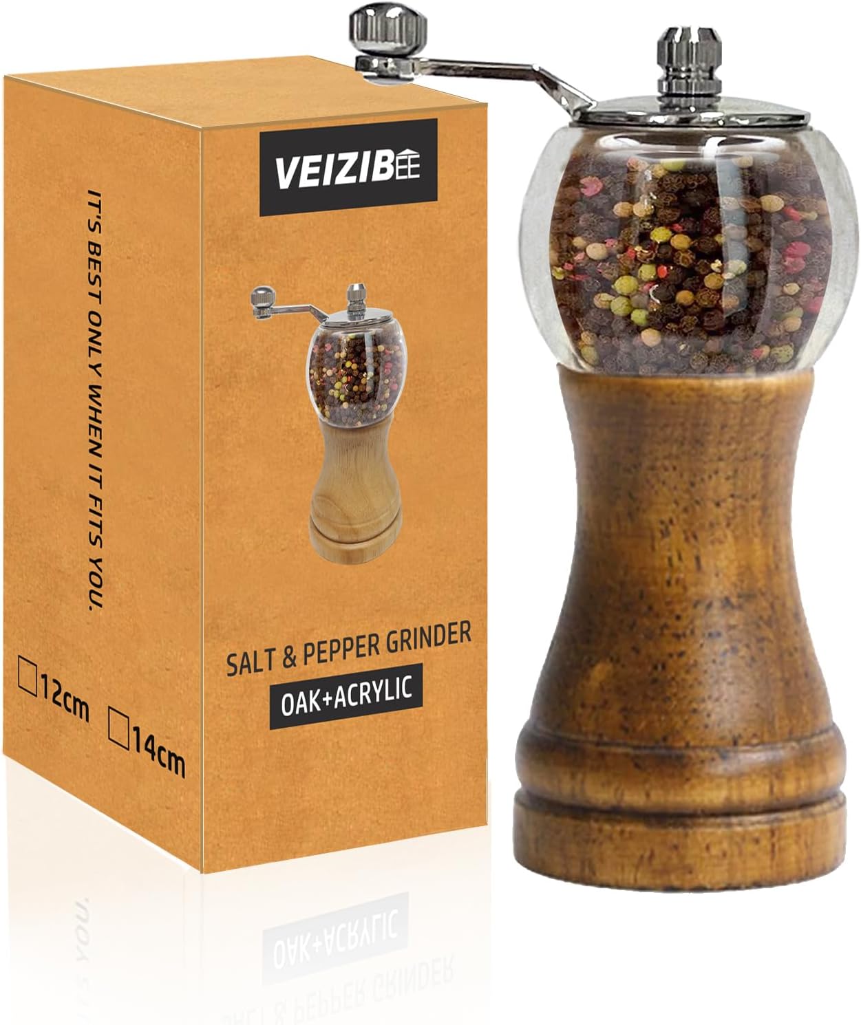 VEIZIBEE Pepper Mills, Classical Roast Black Manual Pepper Grinder Set，Hand Shake Salt Mill，Retro Style Wood， Acrylic，Ceramic Blades，Metal Handle, Enjoy Fresh Pepper (Walnut color 1pcs-6in)