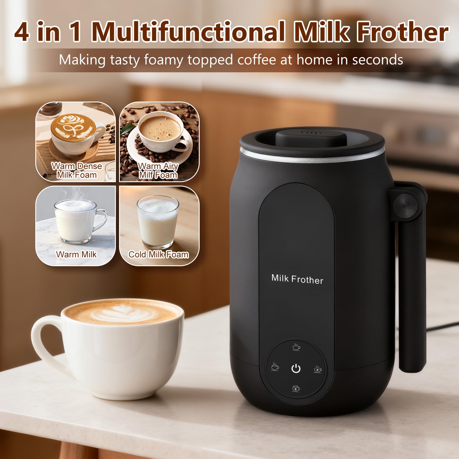 Fagalil Montalatte Elettrico, Montalatte 4 in 1 con Controllo Smart Touch e Manico Pieghevole Schiumatore Caldo e Freddo per Caffè Cappuccino Latte Cioccolata Calda (250 ml)