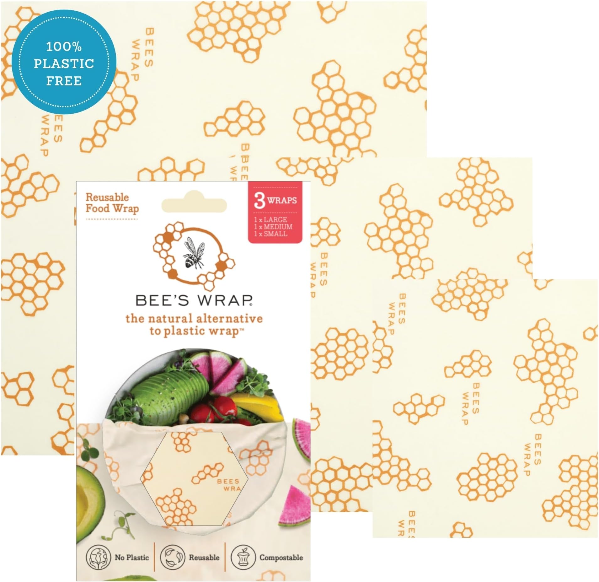 Bee’s Wrap Set of 3 Assorted Size Wraps, Beige