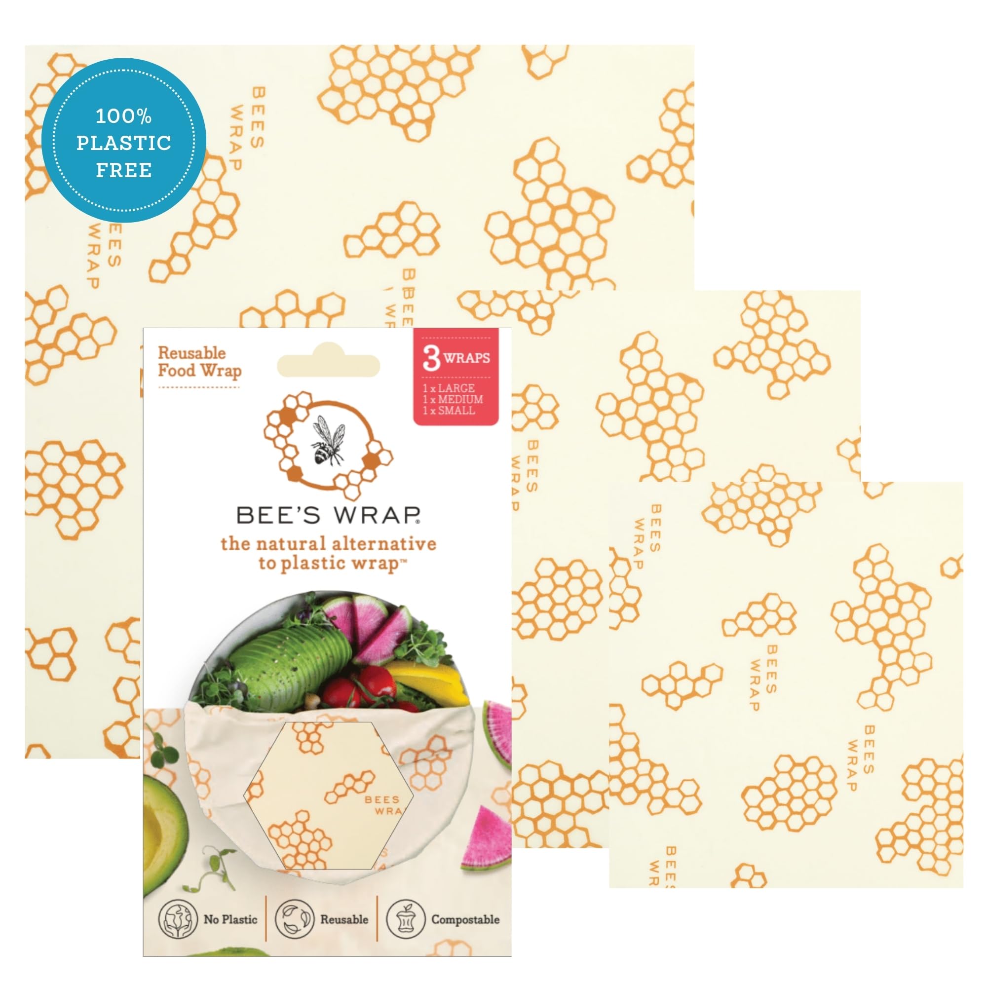 Sustainable plastic free food storage Bee's Wrap 3 pièces emballage cire d'abeille lavable