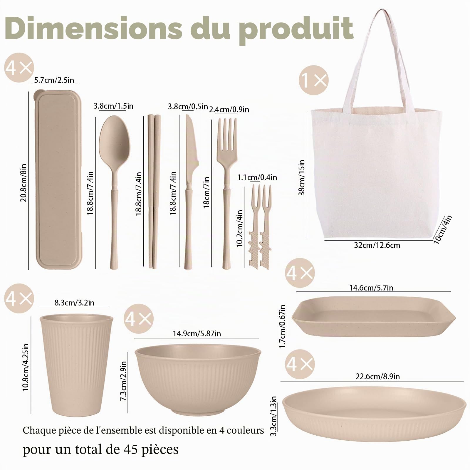 45 Pièces Ensemble Vaisselle Camping Léger pour 4 Personnes avec Bol,Assiette,Cuillère,Fourchette,Couteau,Gobelet et Sac Eangement,Écologique,Reutilisable,Incassable,Lave-Vaisselle(Neutres)