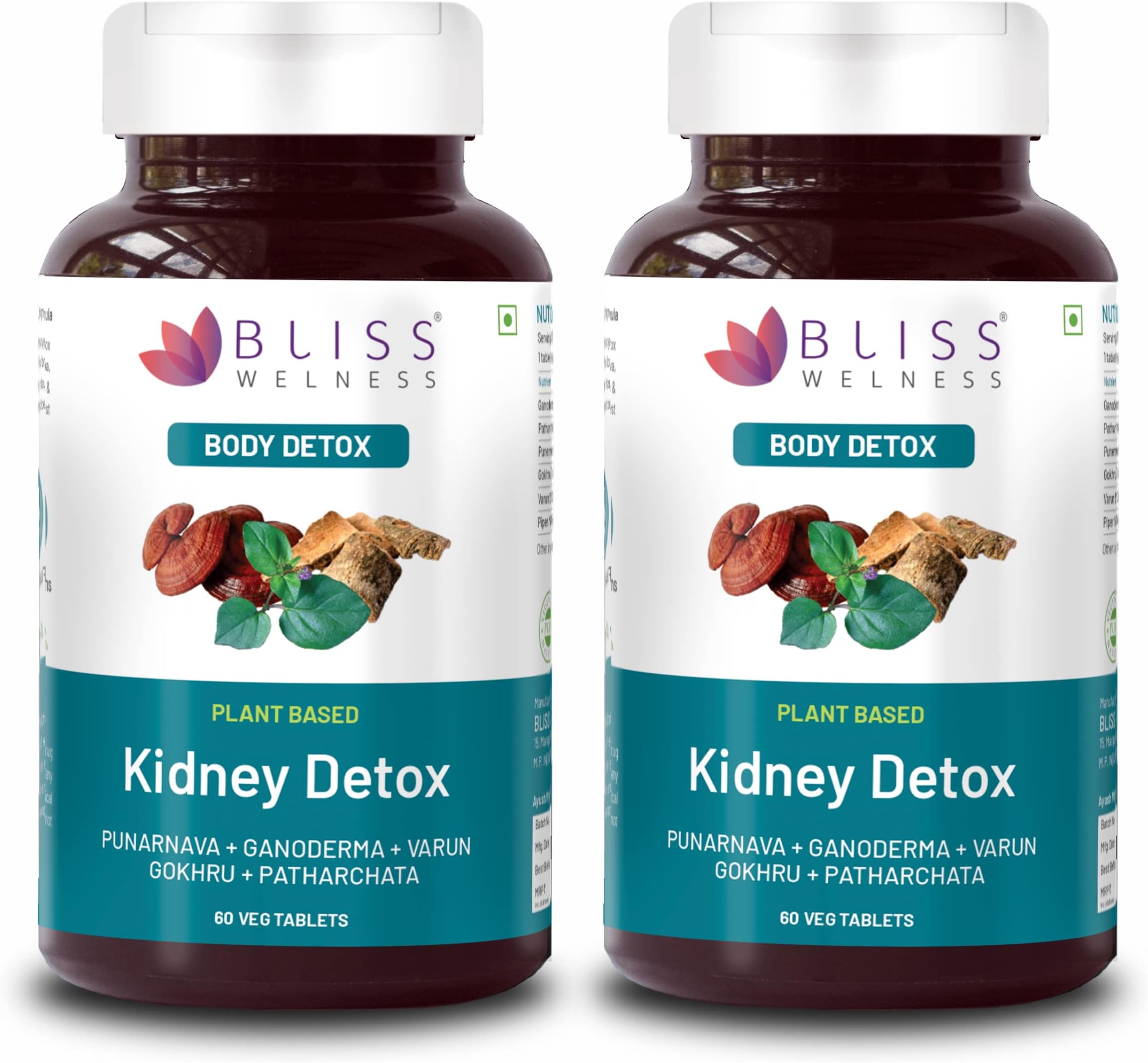 Bliss Welness Kidney Detox | Punarnava Patharchatta Gokhru Ganoderma Varun Extracts | Kidney Stone Dissolver Ayurvedic Health Supplement - 60 Veg Tablets (60 Tablet (Pack of 2)