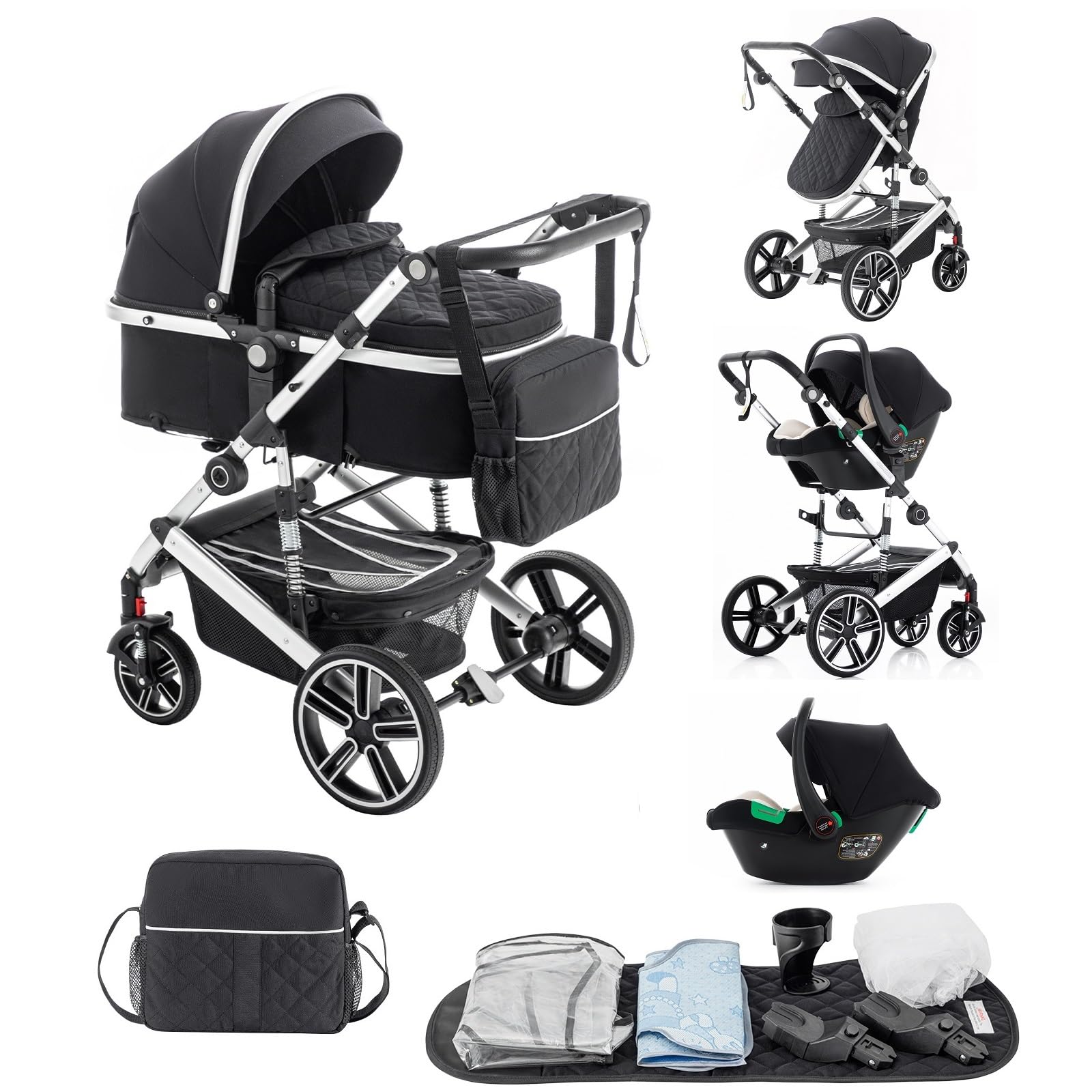 Cochecito Bebe 3 Piezas,el Chasis Delsilla de Paseo Ligera es de Aluminio, con clips para cestas de dormir,Silla de Paseo Reversible, Cubierta Para la Lluvia,Mosquitera, 0-48 Meses,22kg,Negro