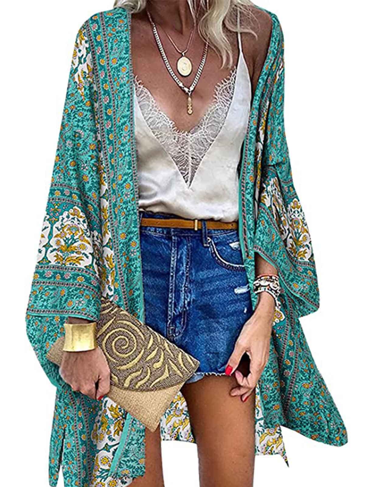 CheChury Mujer Cárdigan Kimono Vestido de Playa Floral Kaftan Bohemio Chal Suelto Kimono con Estampado Floral Pareos Playa Bohemia Tops Blusa Casual Boho Bikini Cover Up Caftan Playa Chal Verano Chic