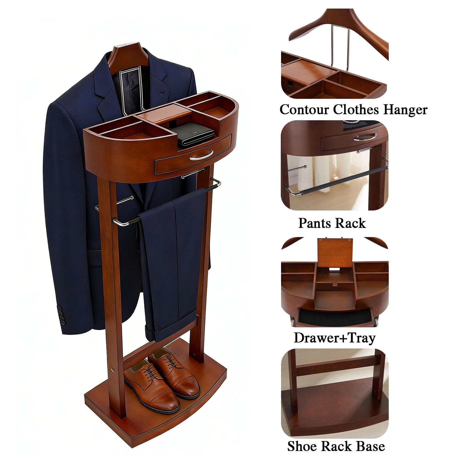 Slish Herrendiener aus Holz für Damen und Herren – Freending Suit Nizer mit Der, Tablett & Hosenstange – Ele Clothes Valet Stuhl für Schlafzimmer, Wohnzimmer & Büro (Braun)