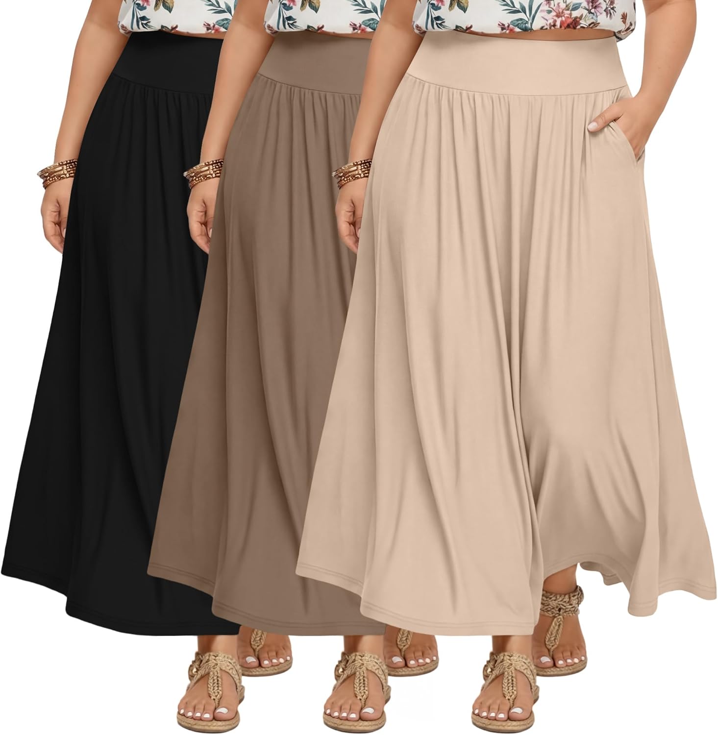 3 Pack Plus Size Maxi Skirts for Curvy Women Flowy Casual High Waisted Ankle Length...