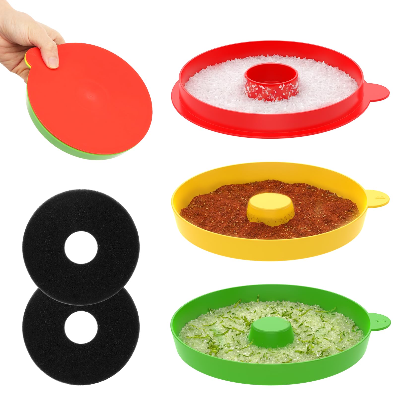 Margarita Salt Rimmer Tray Set, Plastic 3 Tier Sugar Rimmer Tray with 2 Sponge for Bloody Mary Margaritas Cocktail Bartender ﻿(Mixed color)