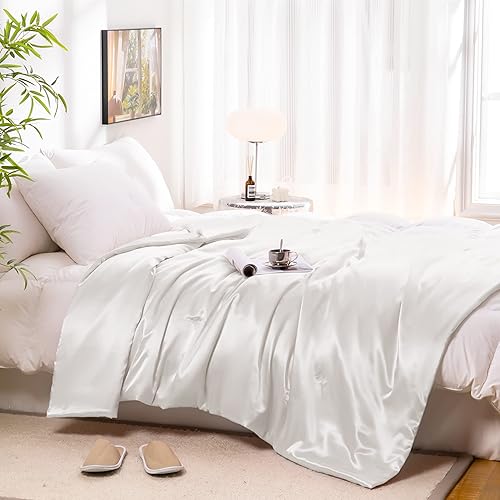 Miniatura 2 de Vonty Manta de satén blanco marfil de 50 x 60 pulgadas (con flores pequeñas), manta refrescante y sedosa, manta de punto trenzado sin arrugas para