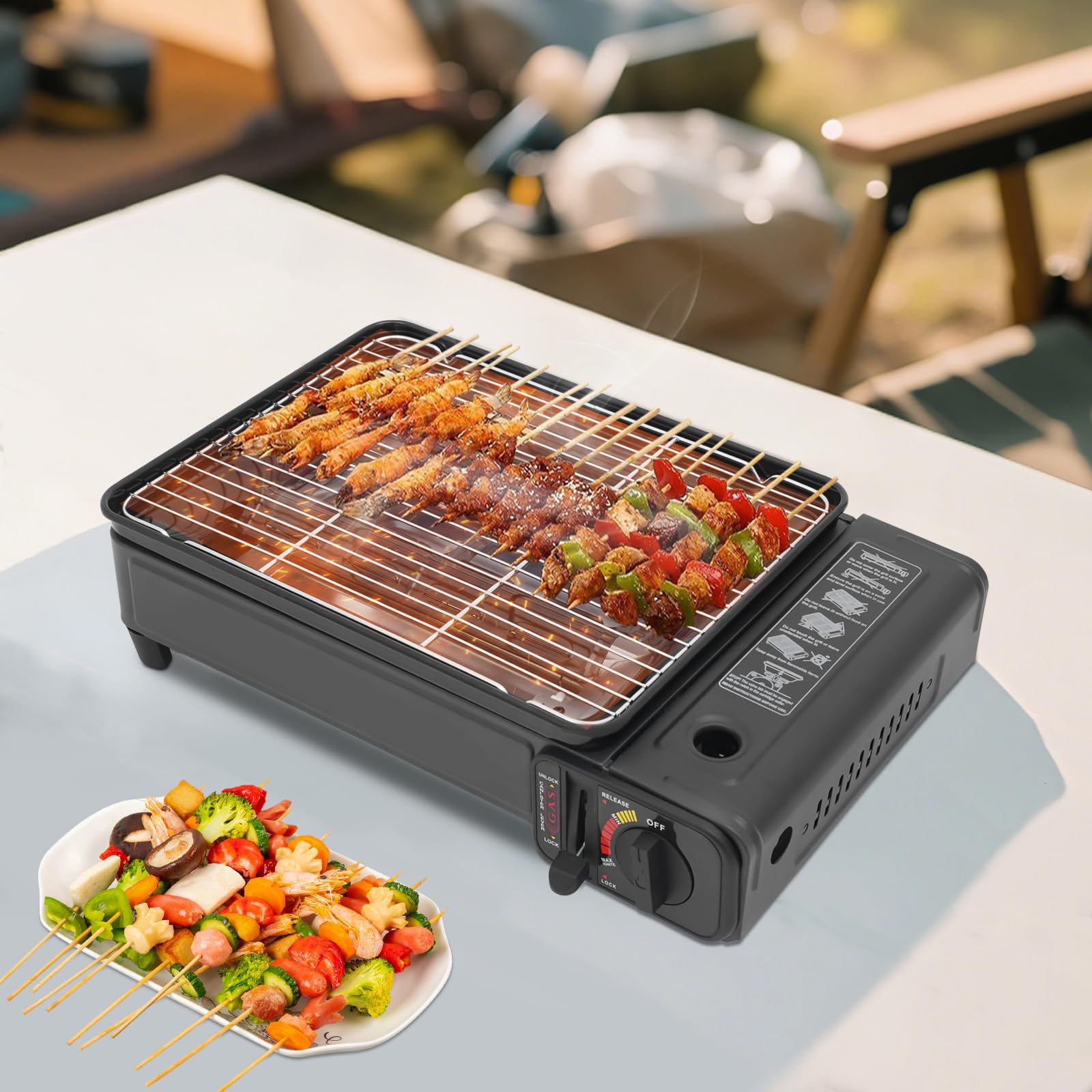 Barbecue à gaz portable, Barbecue de camping, cuisinière de camping, avec sac de transport et bac à graisse, Barbecue au butane pour camping, barbecue, pour pique-nique, terrasse, 42x26x11cm