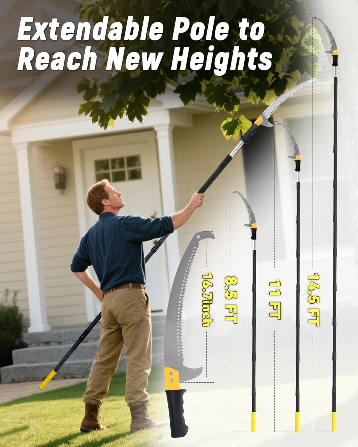 8.5FT Pole Saw with Adjustable Length for Tree Trimming, Lightweight Manual Pruning Saw with Mn Steel Blade, Long Extension Branch Cutter Pole Pruner for Yard, Garden, Patio and Forestry Use