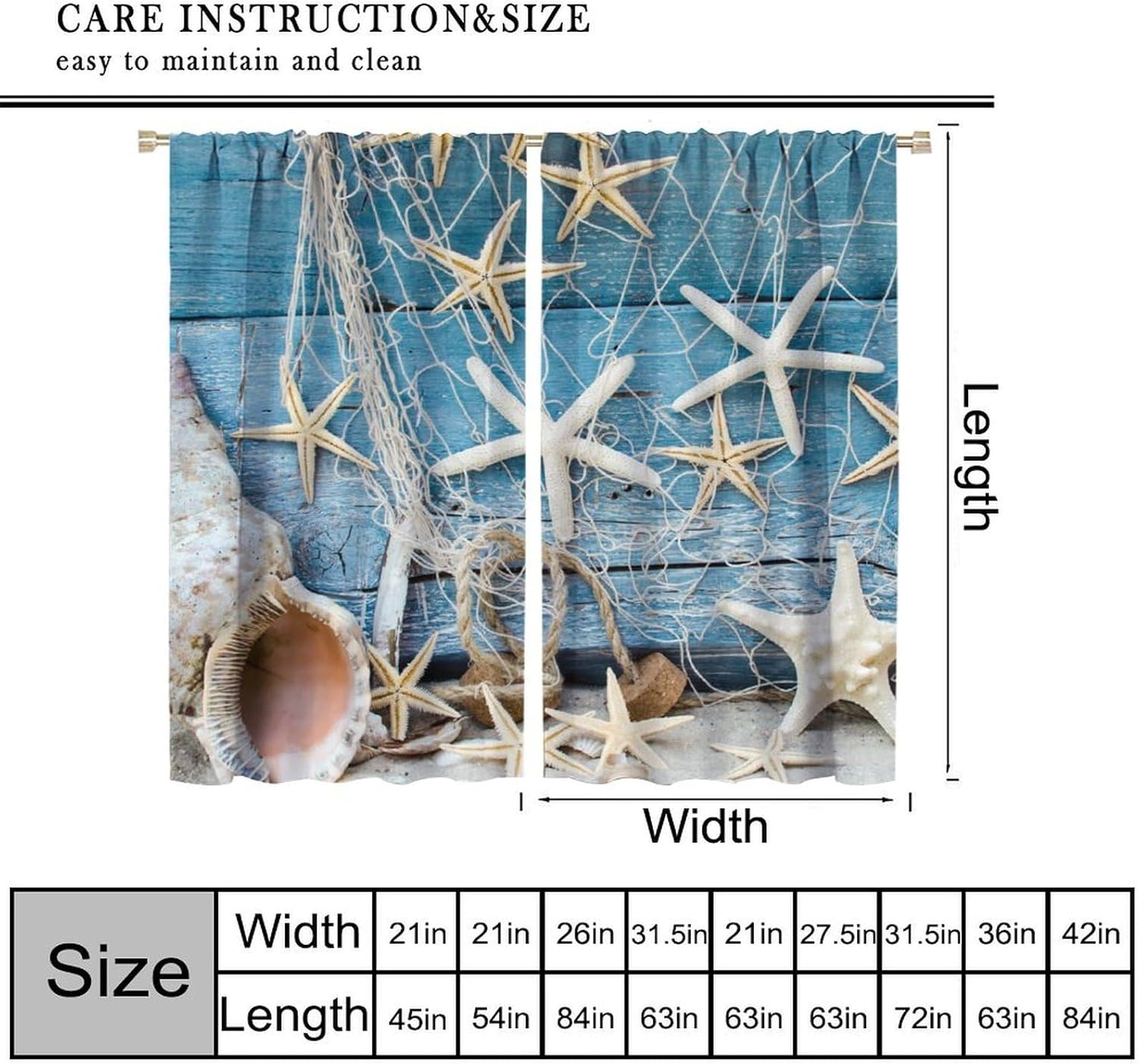 Shell Curtains, Shell Fishing Net Beach Blue Plank Pattern Blackout Window Treatments, Rod Pocket Thermal Insulated Drapes 2 Panel Sets for Bedroom Living Room Kitchen, 42" W X 63" L