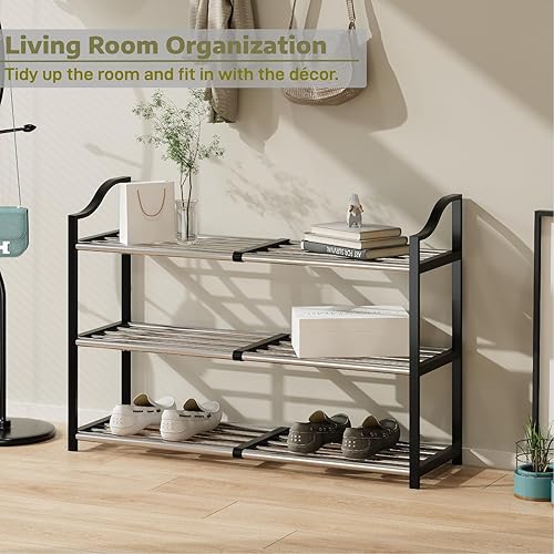 Miniatura 6 de Zapatero de 3 niveles expandible para armario, estante pequeño de almacenamiento de zapatos para entrada, estante ajustable para zapatos para