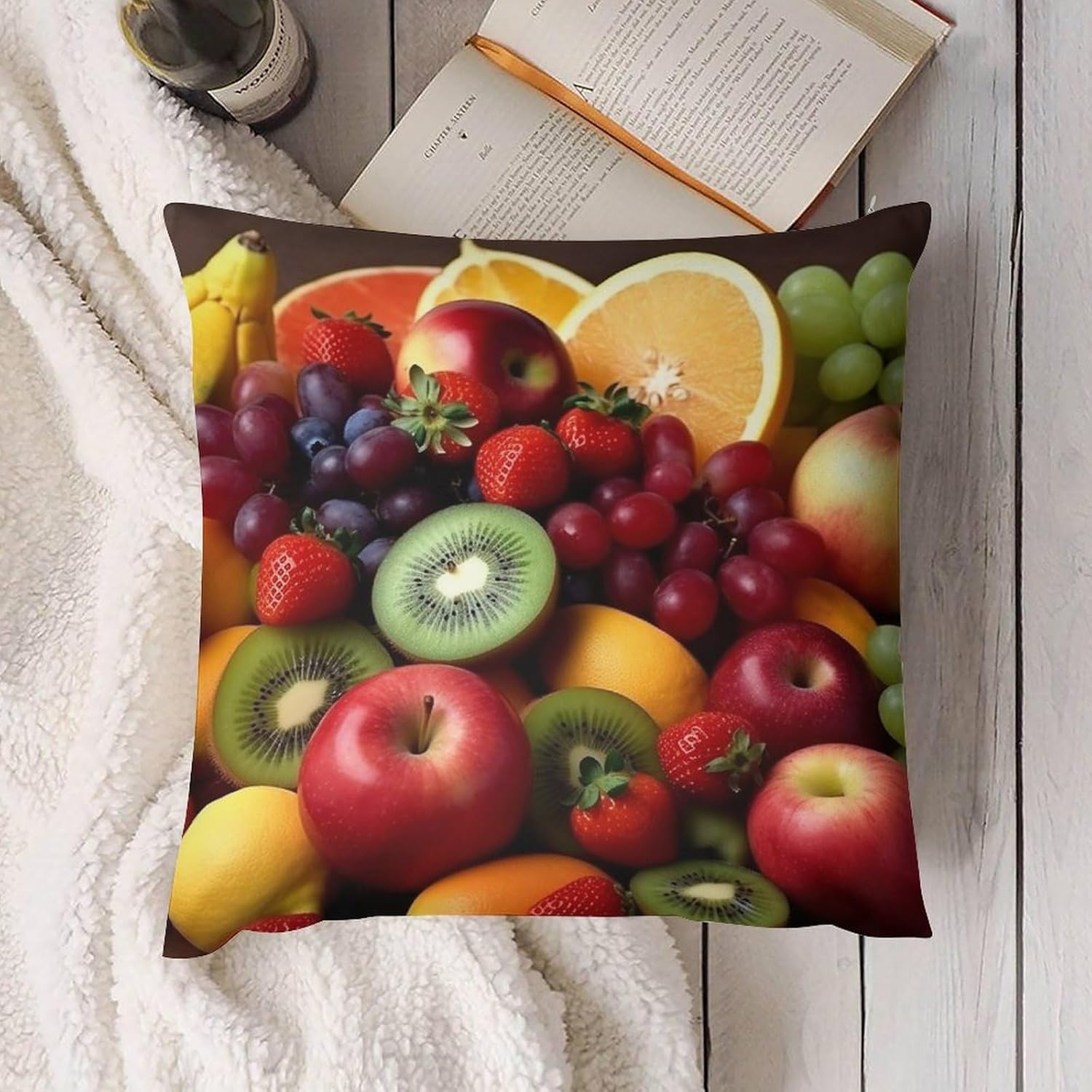 Zippered Pillow Cover, Pillow Protector, Fresh Fruits and Vegetables Printed Pillow Cover of 4, Pillow Not Included