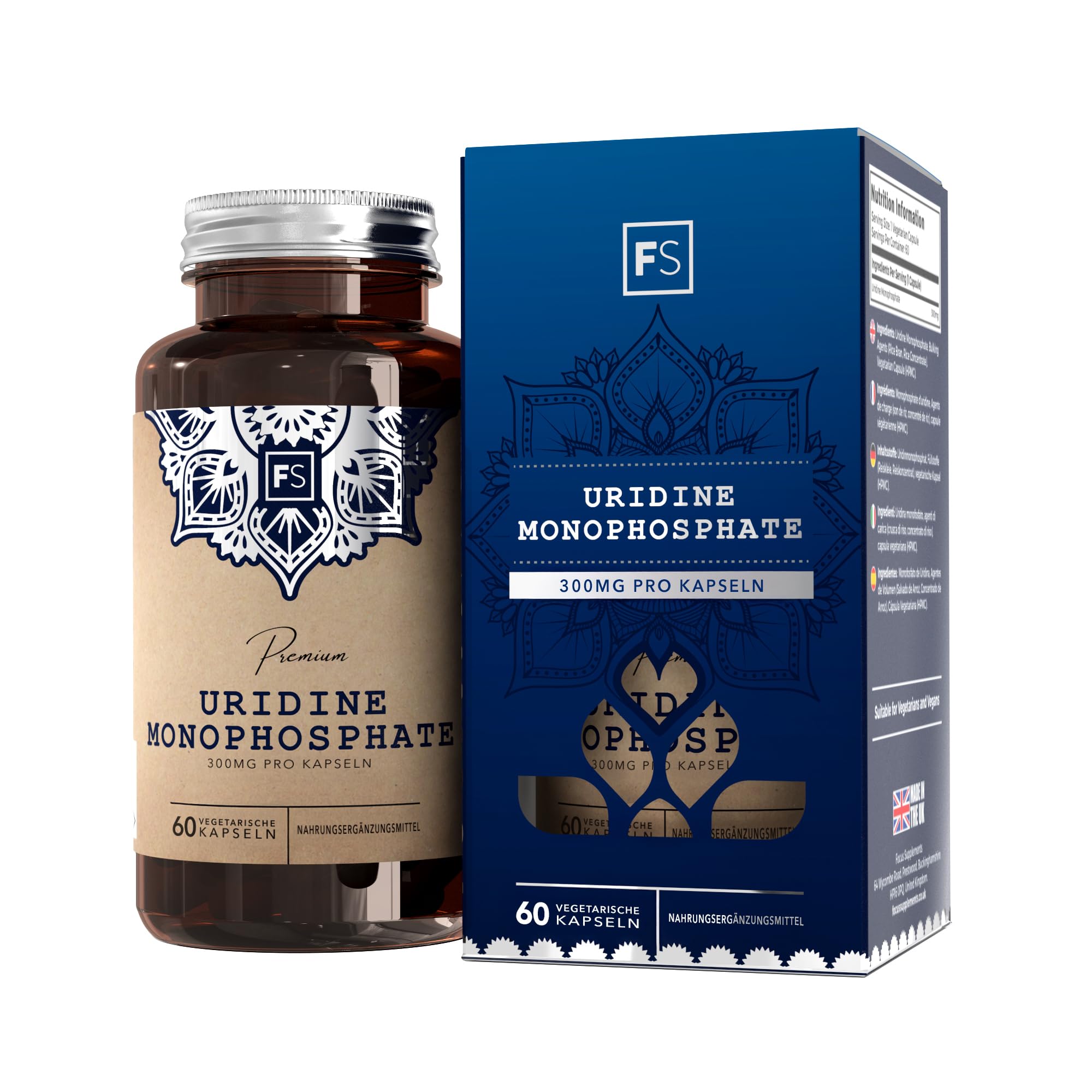 FS Uridinmonophosphat | 60 Uridin Kapseln - Hochdosiertes Uridine Monophosphate - 300mg Uridine pro Portion | Gentechnik-, Gluten- & Allergenfrei | Hergestellt in Großbritannien
