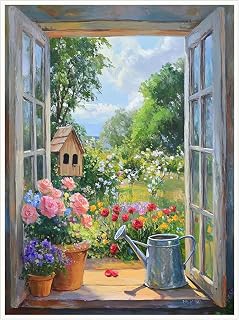 Open Window Garden Print, Cottage Flower View Wall Art, Rustic Window Landscape Poster, Country Birdhouse Painting for Home Decor-11x14Inch Ready to Hang (Unframed)