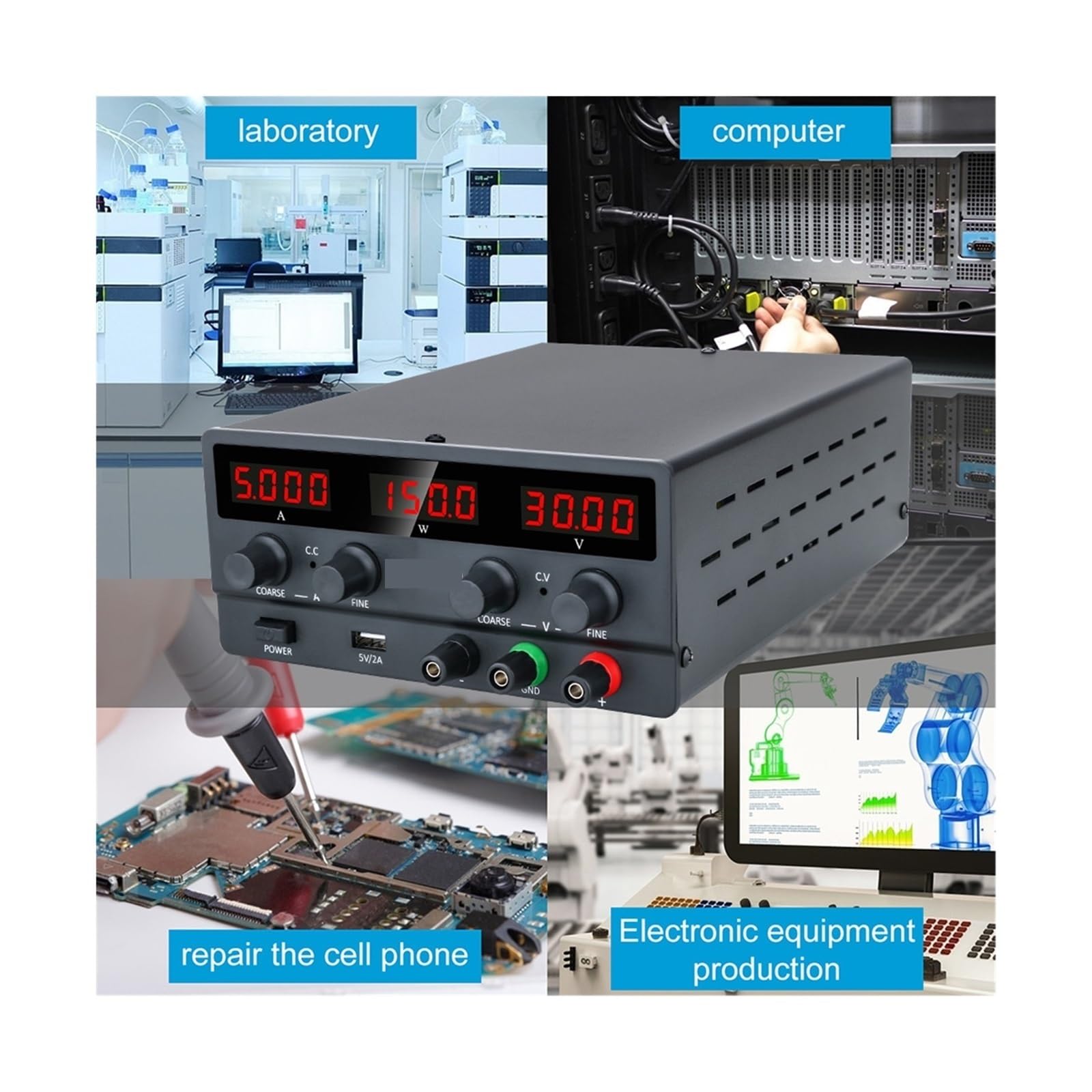 Fuente de alimentación de CC, Fuente De Alimentación CC Ajustable, Laboratorio 30V 10A, Estabilizador Y Regulador Voltaje 300W, Banco Conmutación 60V 5A(SPS-H3010-Black)