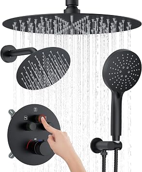 KOJOX Matte Black Thermostatic Shower System, Push Button Diverter Shower Faucet Set with 12" Ceiling Mount Rain Shower, 8" Wall Mount Shower Head, and 3-in-1 Handheld Spray