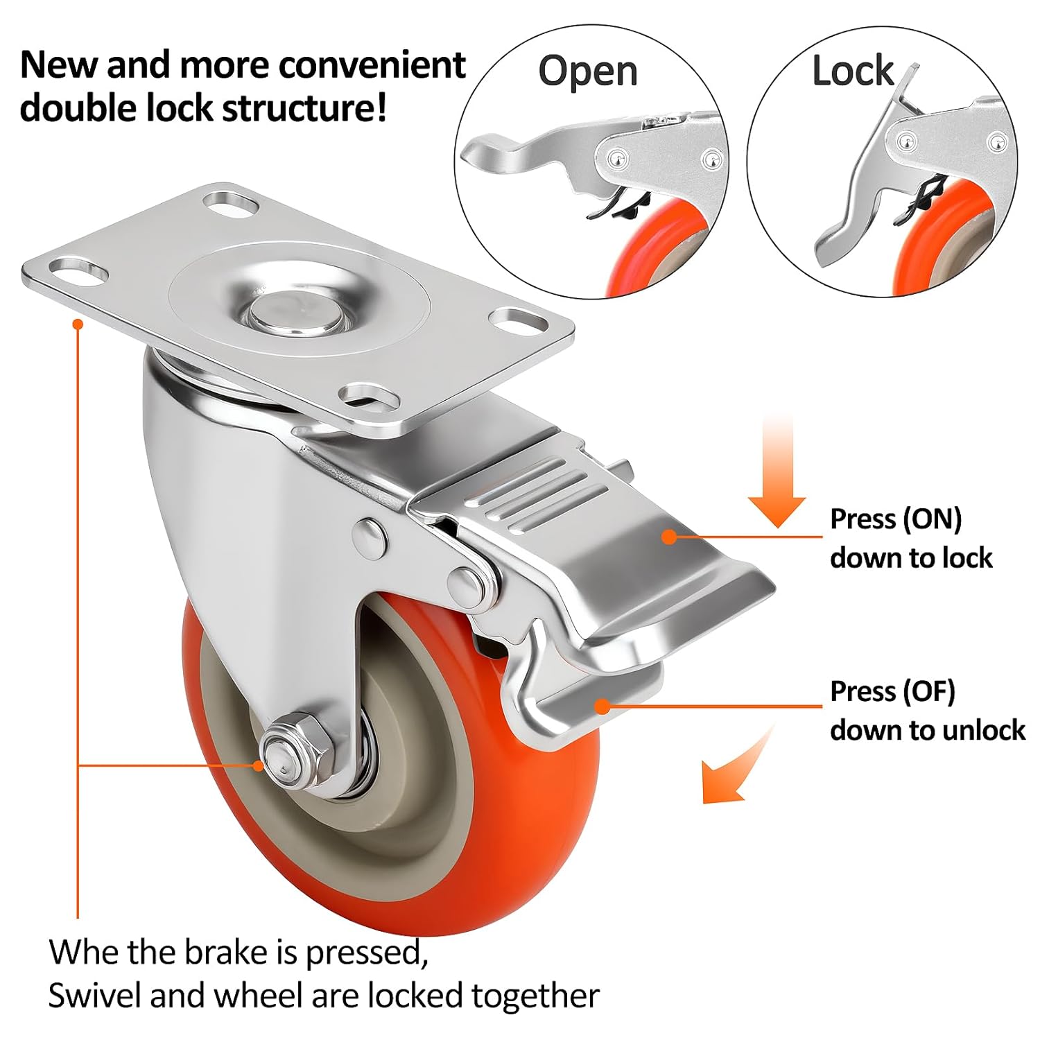 4 Inch Industrial Heavy Duty Swivel Caster Wheels with Brake,Set of 4 Safety Locking Casters,Load 2000lbs,Premium Polyurethane Wheels for Table,Trailer,Saw Table,Stage Toolbox,Bed,Corn Board Orange 4inch