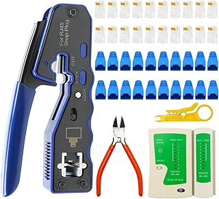 Zhuge RJ45 Crimp Tool Pass Through Ethernet Crimping Tool, CAT5 CAT5e CAT6a CAT6 Crimping Tool Kit, 50PCS CAT5 Pass Through Connectors, 50PCS RJ45 Boots, Tester, Mini Wire Stripper, Wire Cutter Plier