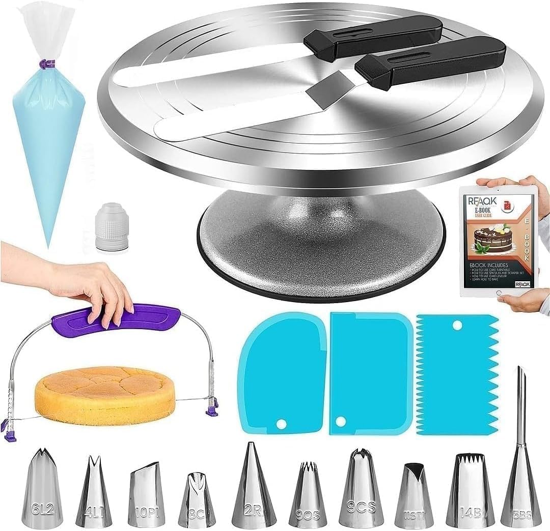 Kit de 50 suministros de decoración de pasteles con soporte giratorio de aluminio de 12 pulgadas, nivelador profesional, espátulas rectas y desplazadas, 10 puntas de glaseado numeradas y bolsas