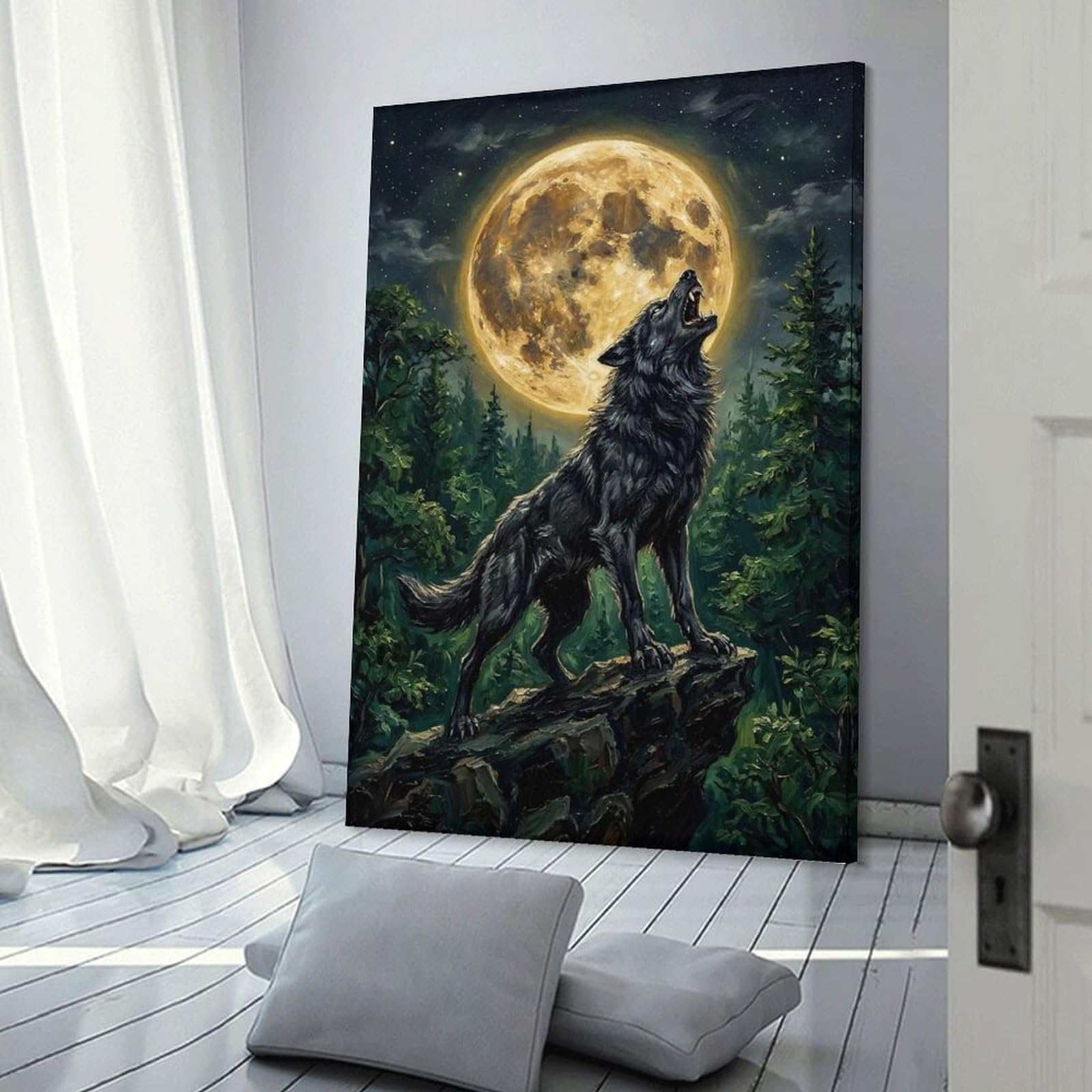 Junmoney Wolf Howling at The Full Moon Room Decor Wall Art, 24x36inch(60x90cm), for Living Room, Lounge Or Sitting Room, A Home Accent with Warm Character
