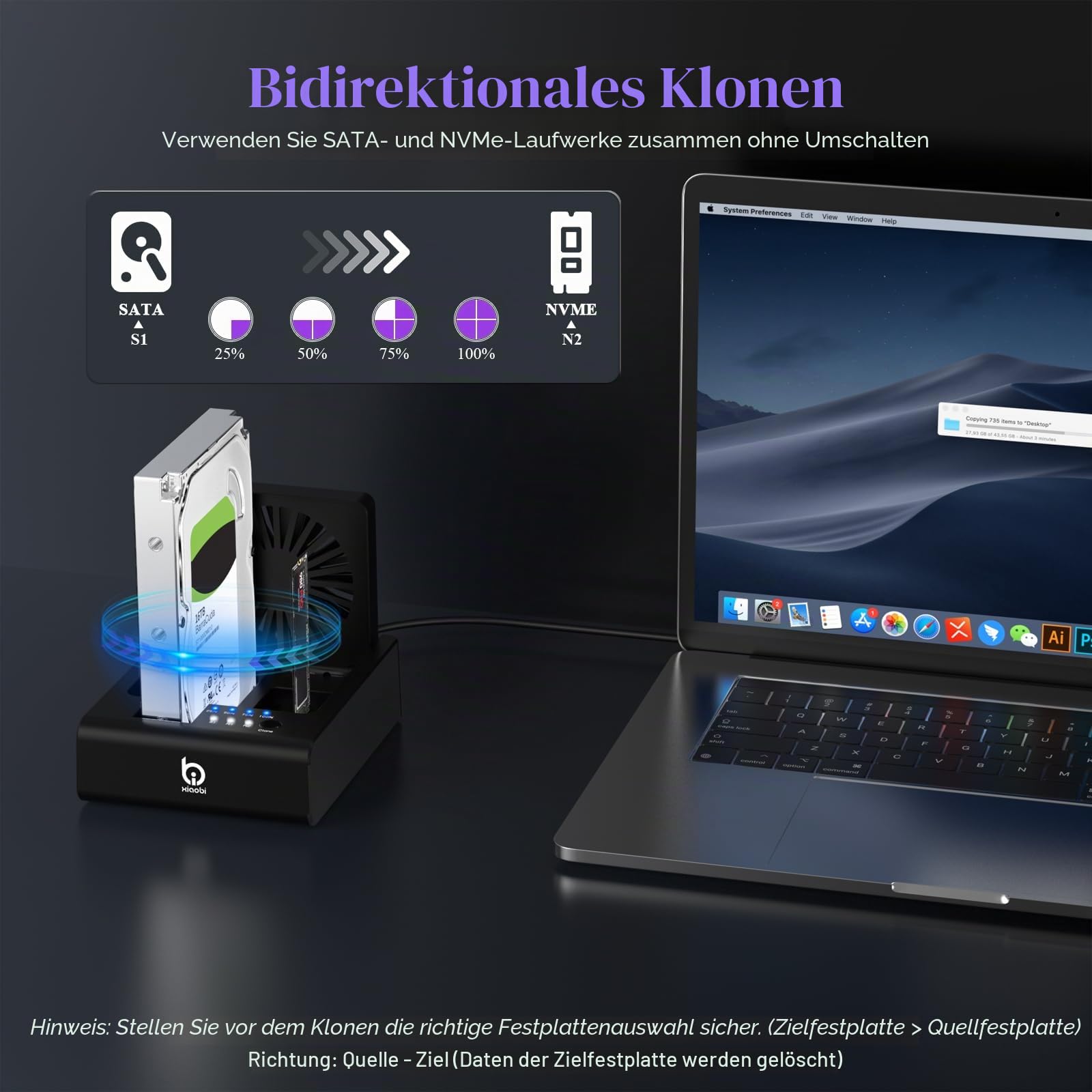 M.2 NVMe & SATA Festplatten-Dockingstation, USB C 10 Gbit/s Festplattenkloner für M.2 PCIe NVMe + SATA 2,5 Zoll / 3,5 Zoll HDD-Konverter, Offline-Klonen, werkzeuglos, Lüfter